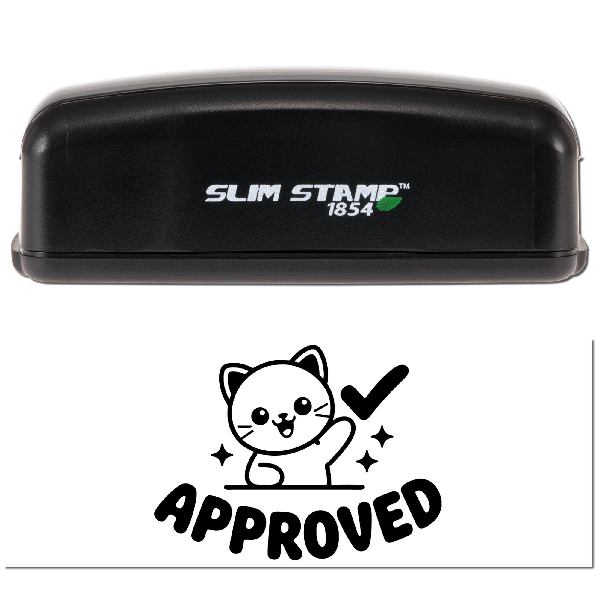 Black Slim Stamp 1854 self-inking stamp with black-and-white cat APPROVED seal on a white background.