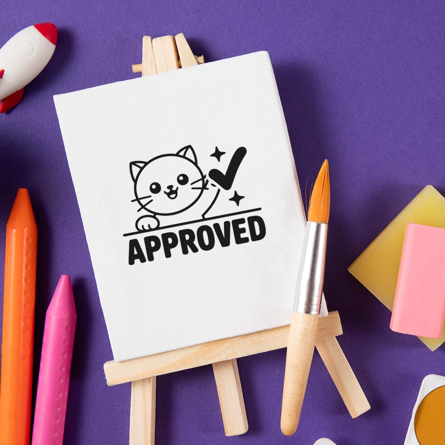 White canvas on easel with black cat APPROVED rubber stamp, on purple background with colorful craft tools.