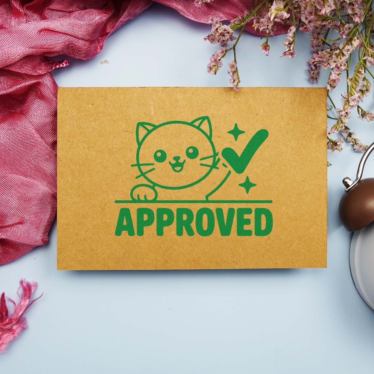 Green APPROVED cat stamp on kraft paper card, with check mark, pink fabric, and flowers for stamp and seal products.