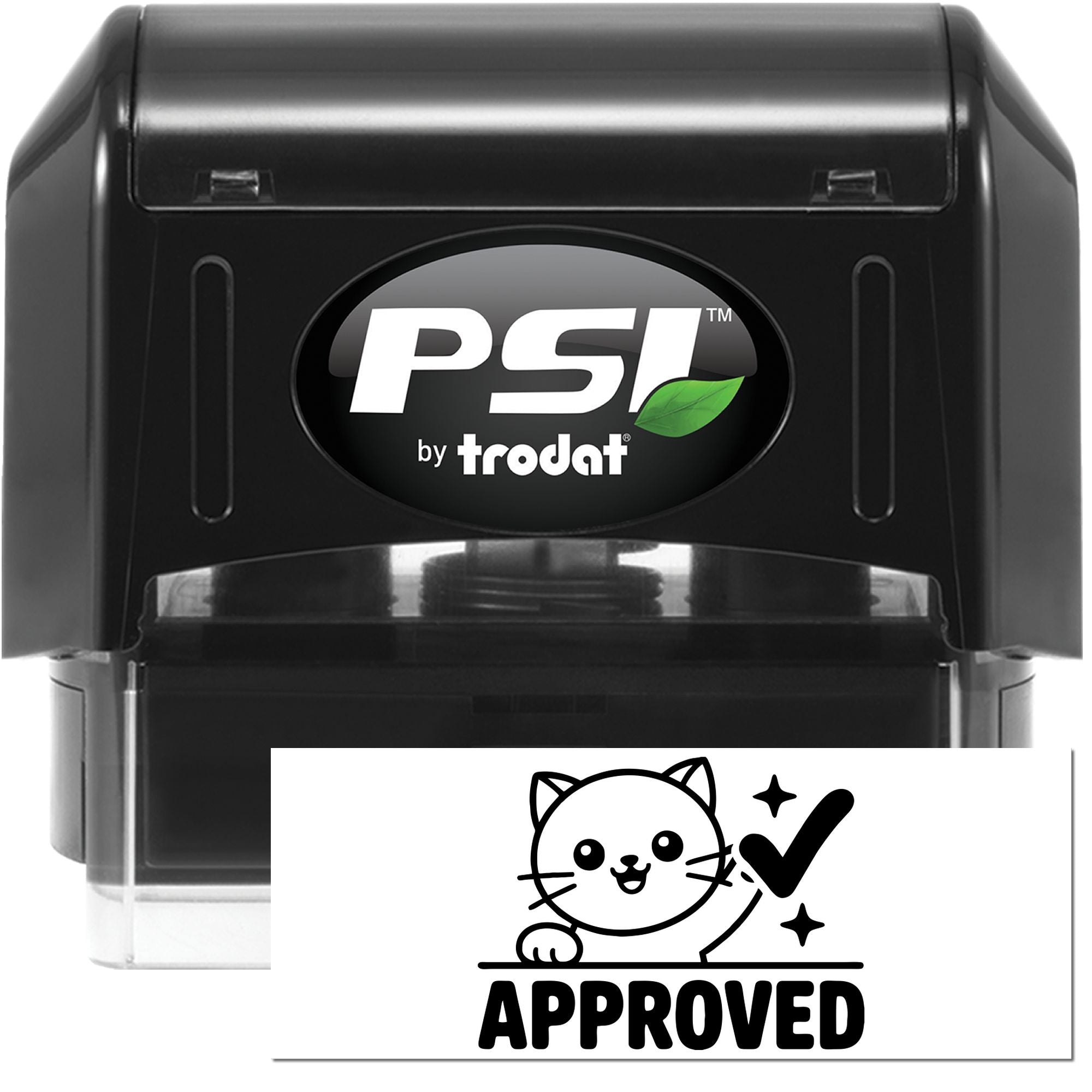 Black PSI by Trodat self-inking stamp in black with clear casing and white APPROVED cat seal insert.
