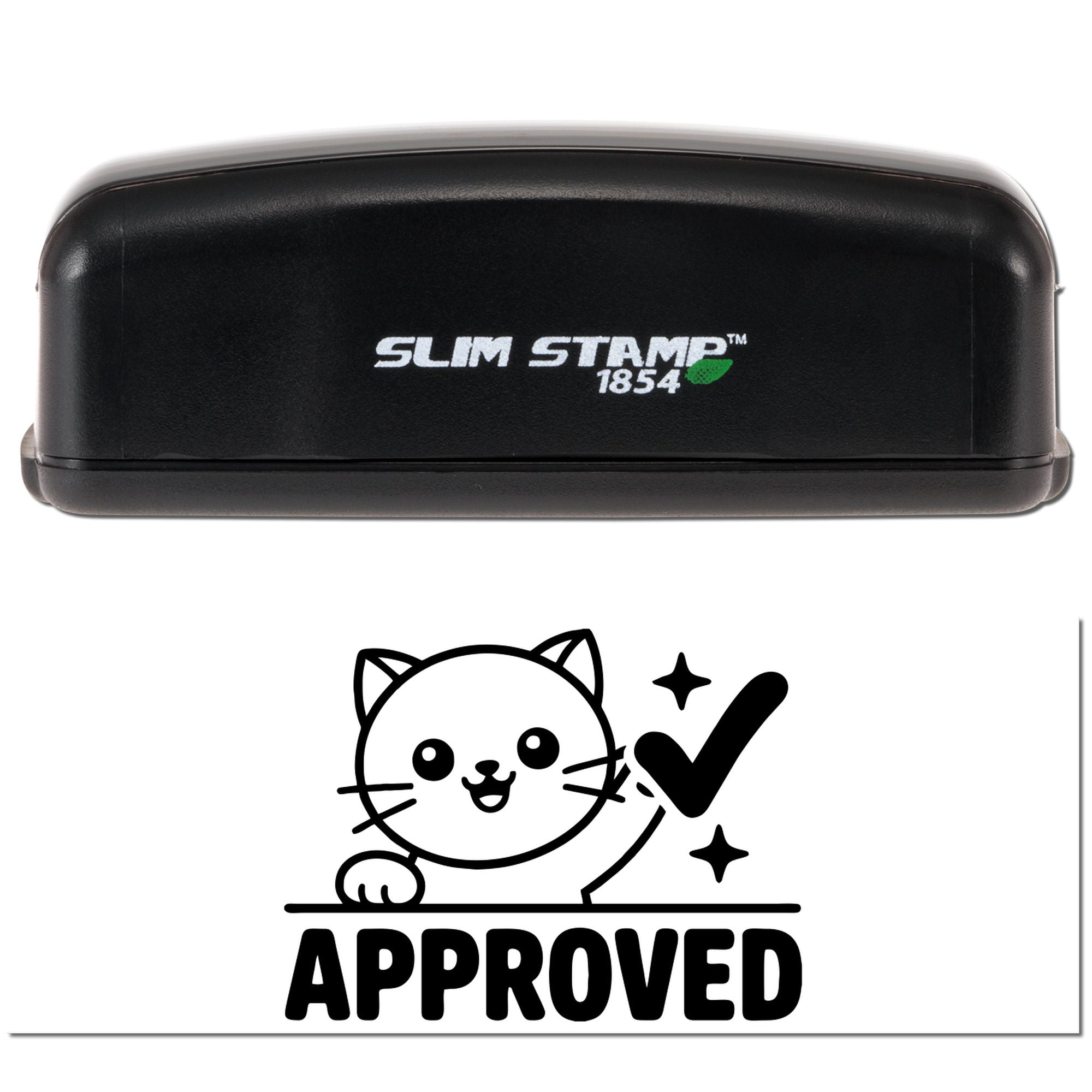 Black Slim Stamp 1854 self-inking stamp and cat APPROVED seal graphic in black on white background.
