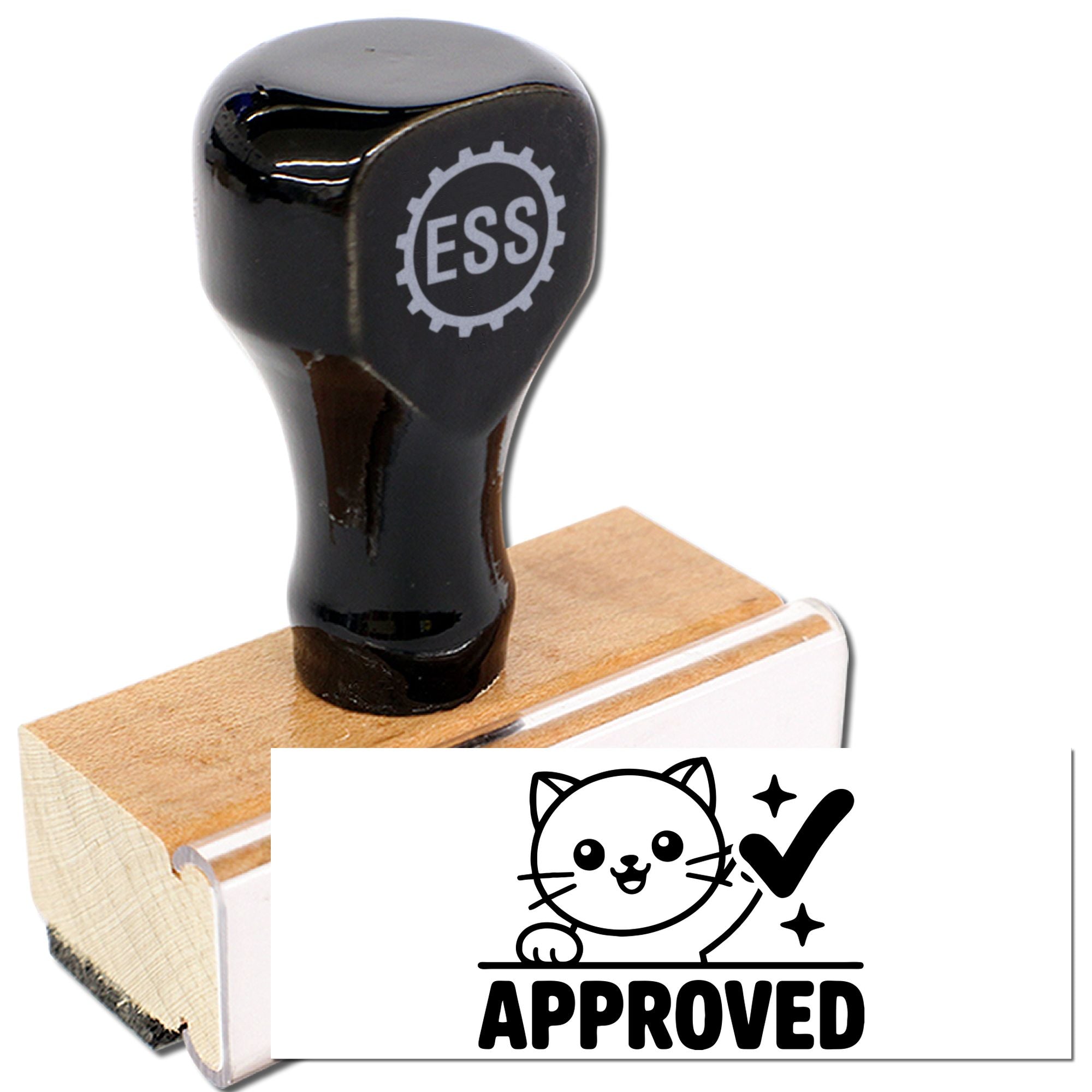 Black ESS rubber stamp on a wooden base with a white Approved cat seal design.