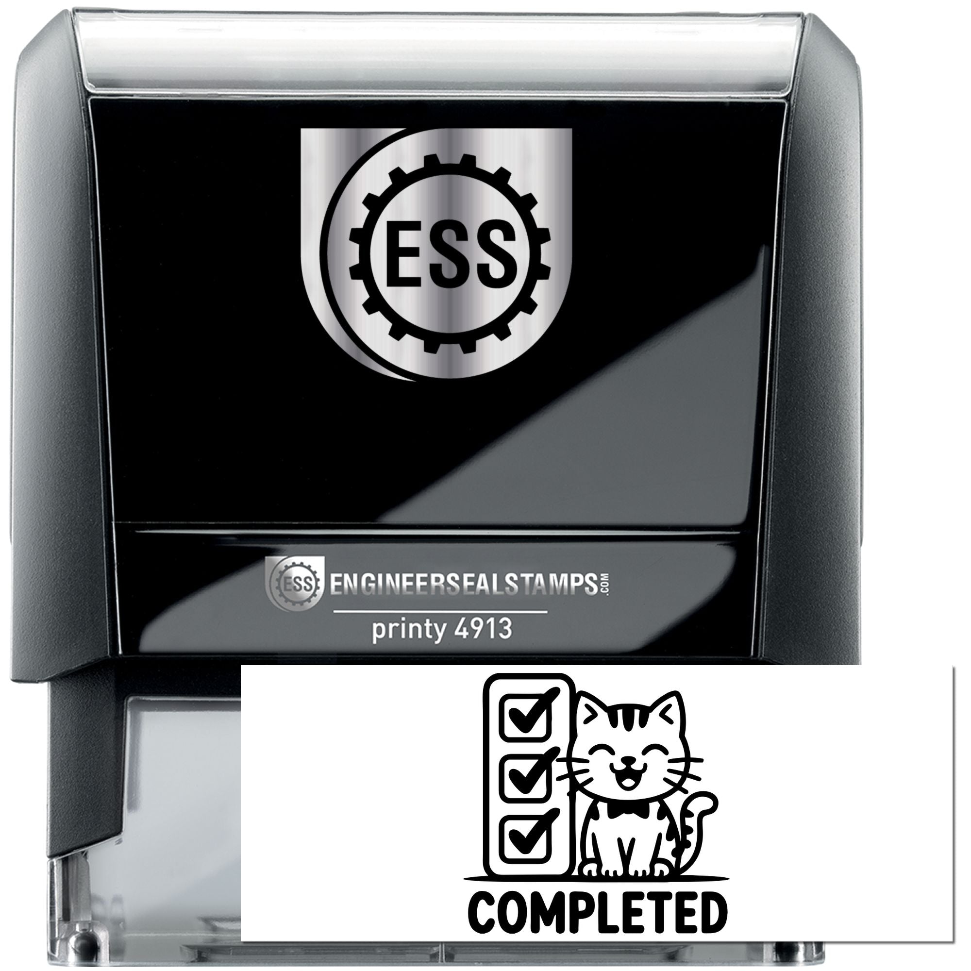 Black self-inking ESS engineer seal stamp with silver accents and a white COMPLETED cat checklist seal.