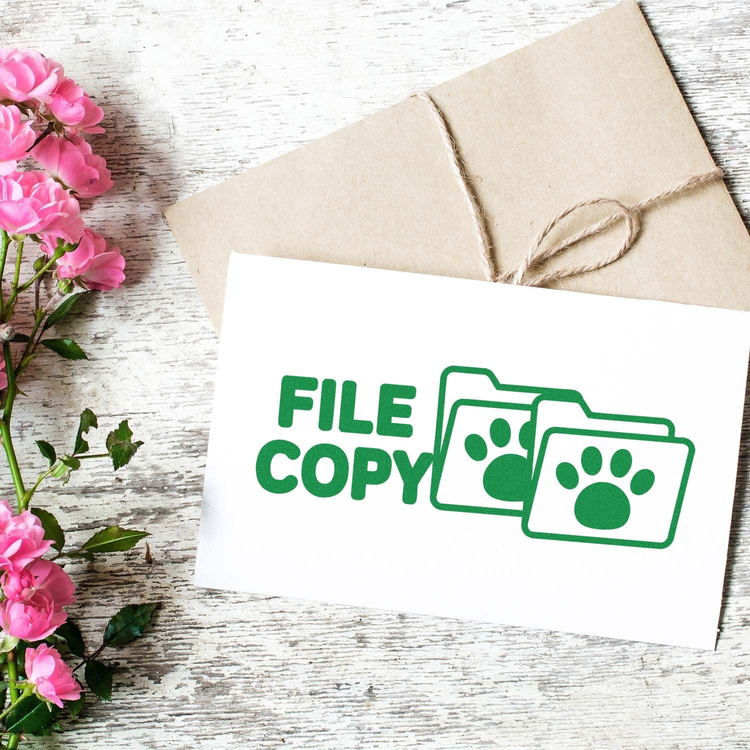 Green File Copy stamp and seal products on white card, with paw-print icons, kraft envelope, twine, and pink flowers.