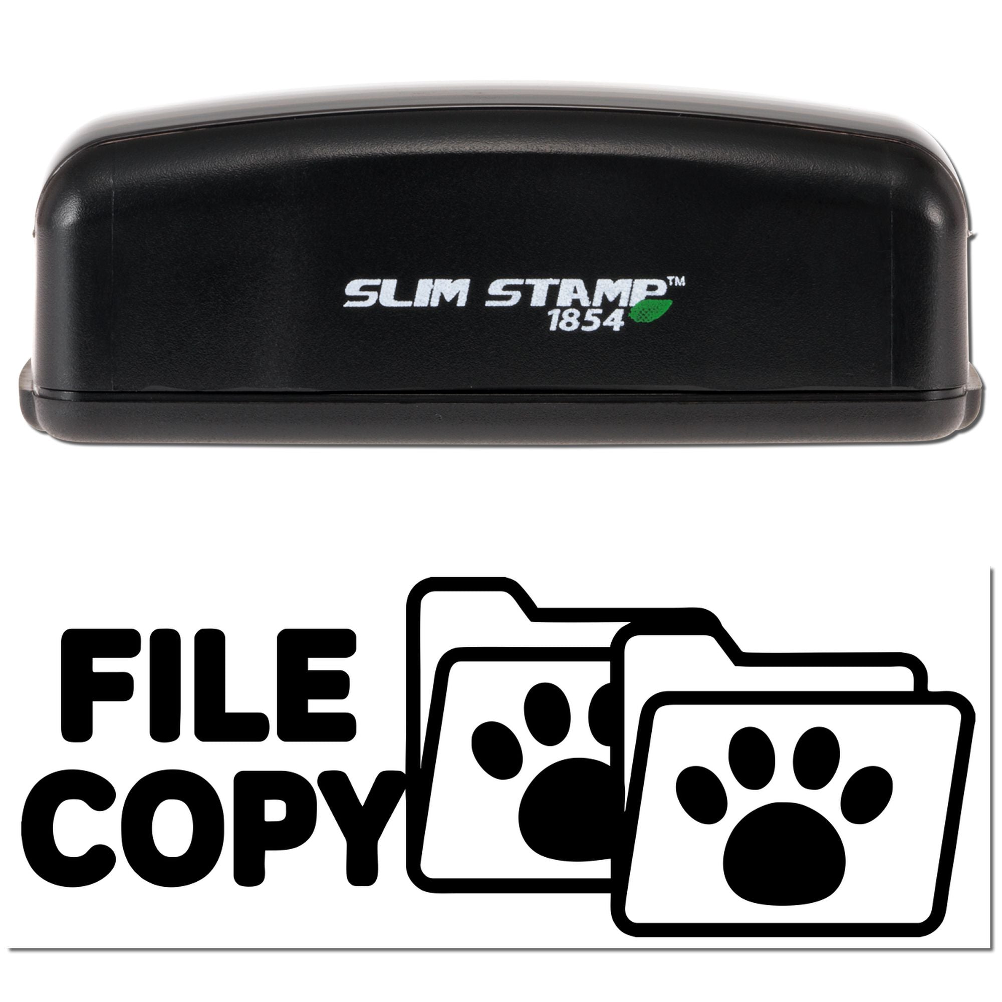 Black Slim Stamp 1854 self-inking stamp and FILE COPY seal with folder icon on white background.
