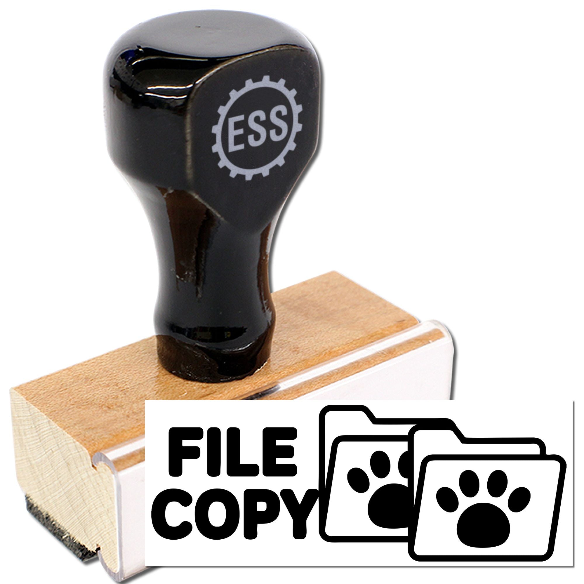 Black ESS file copy stamp and paw-print seal on a wooden block for document marking