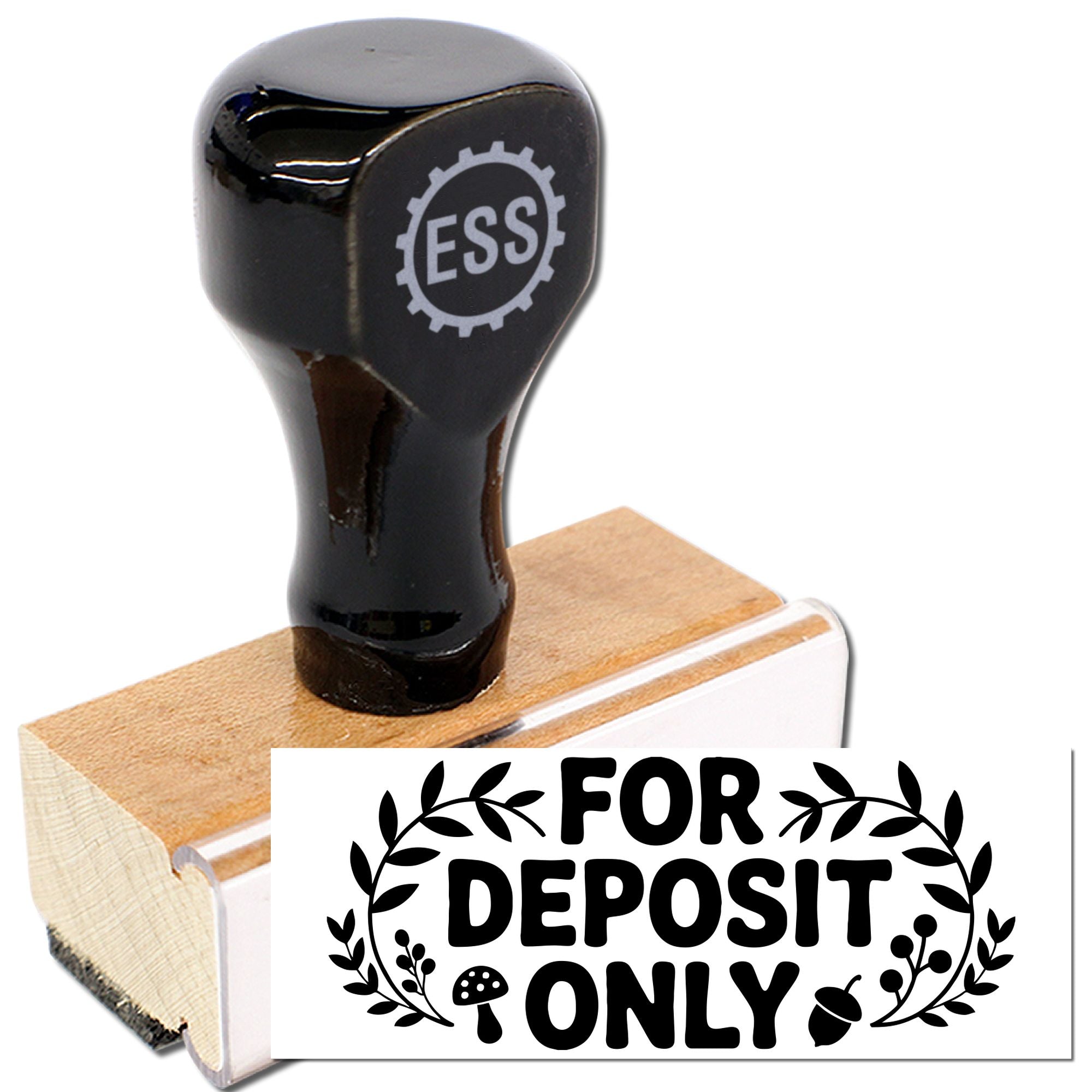 Black ESS rubber stamp with wooden base and clear block, printing FOR DEPOSIT ONLY in bold black.