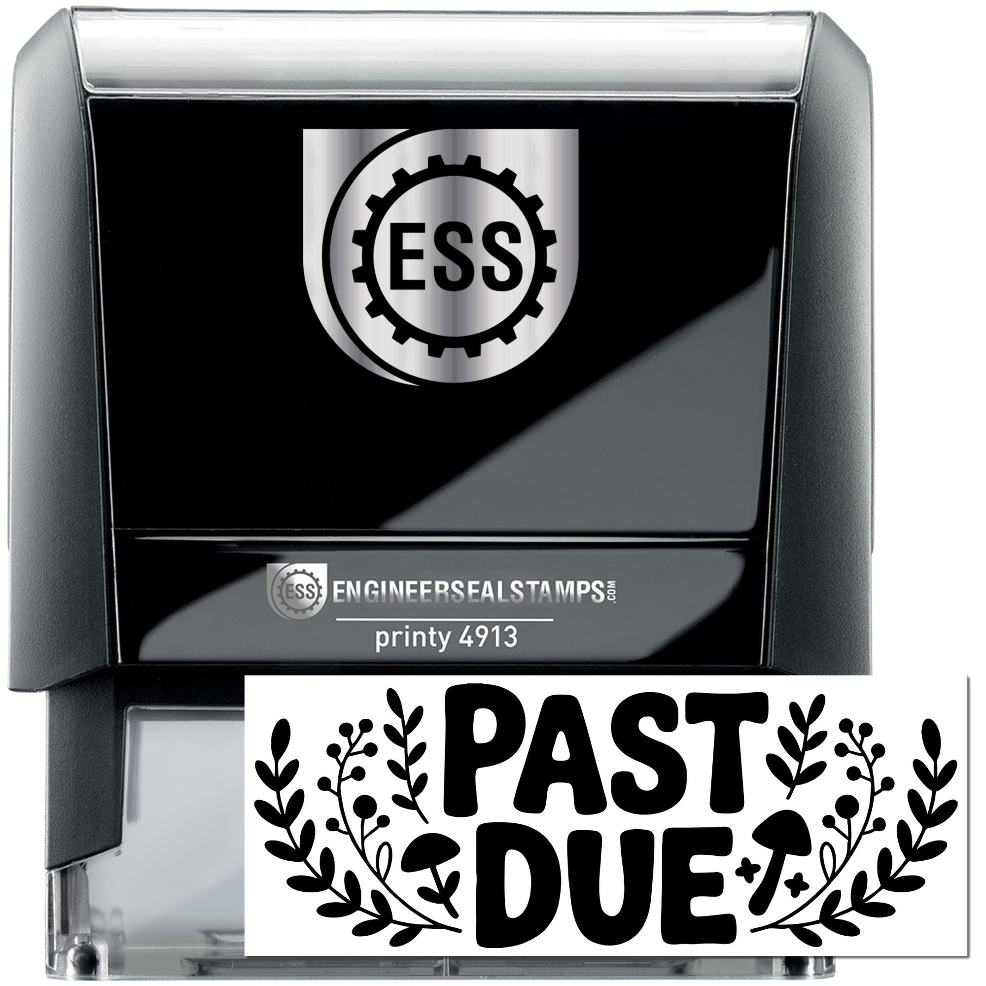 Black and gray ESS Engineer Seal Stamps Printy 4913 self-inking stamp with silver logo and PAST DUE seal.