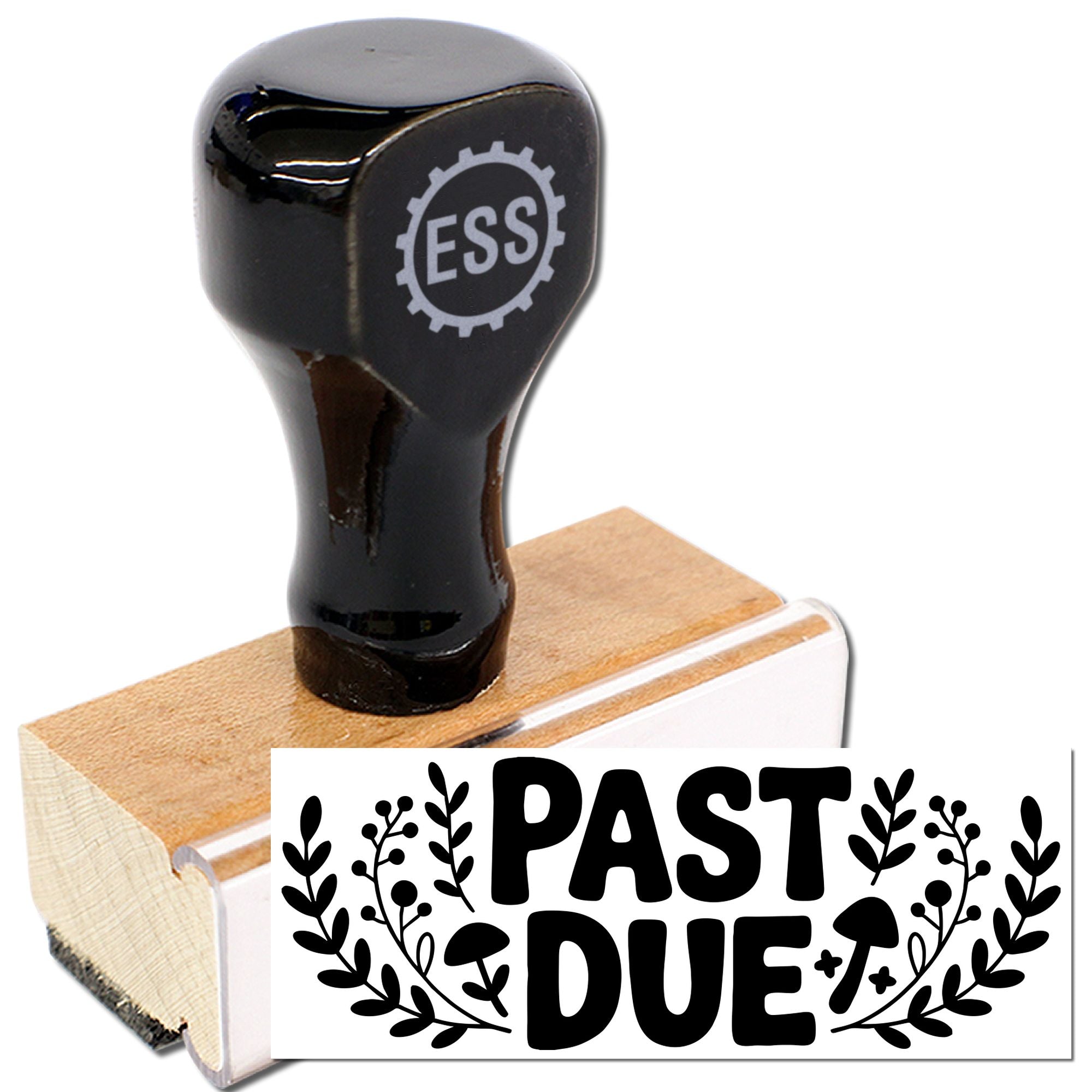 Black rubber stamp seal on wooden base, marked ESS, printing bold PAST DUE in black on white