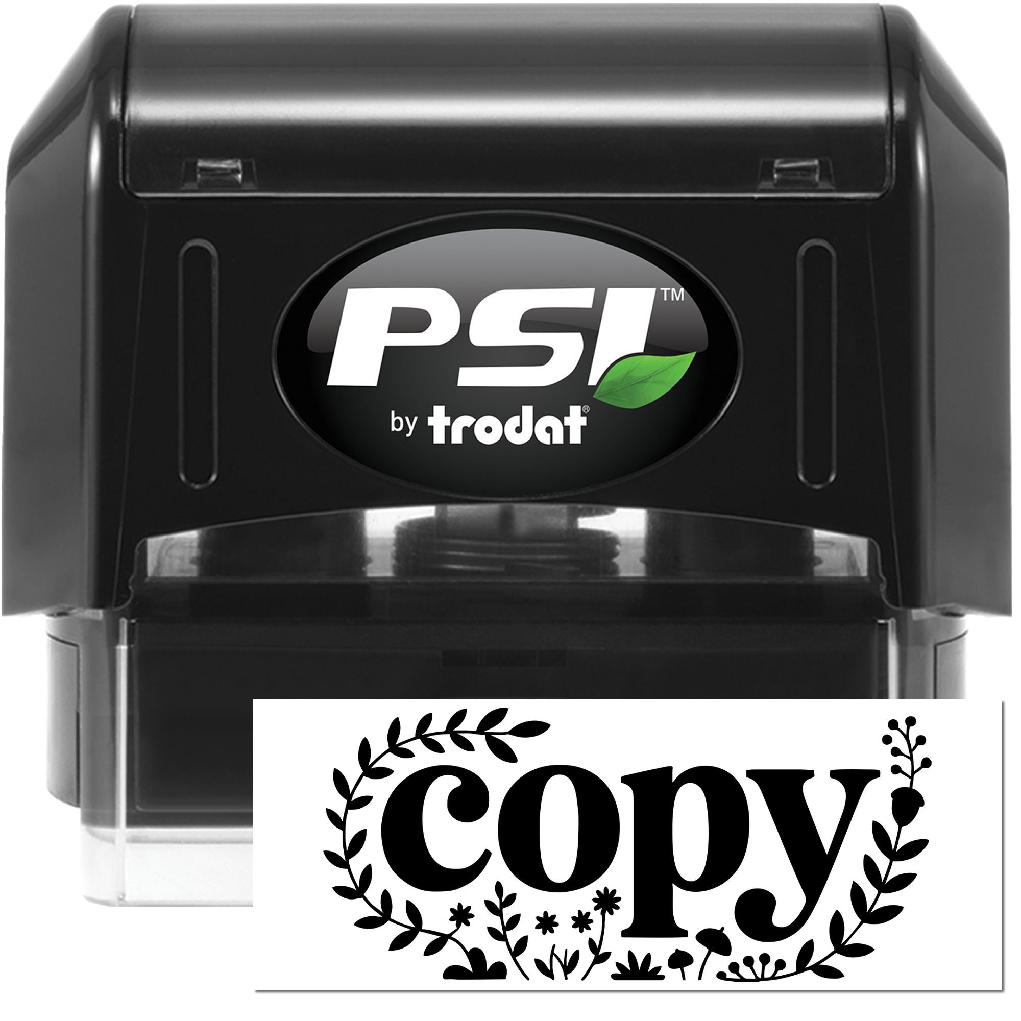 Black PSI by Trodat self-inking stamp with green leaf logo and clear copy seal design on white card