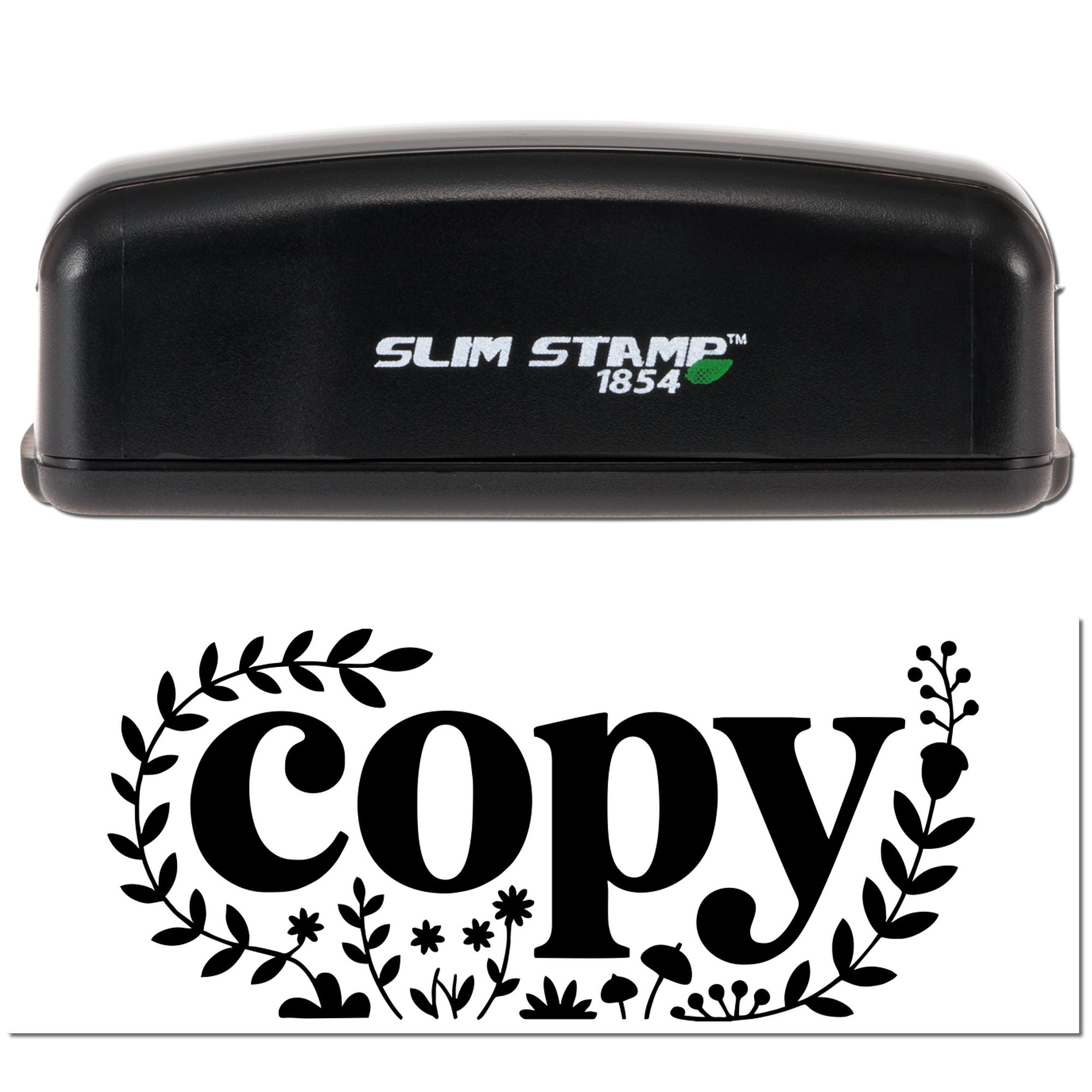 Black Slim Stamp 1854 self-inking stamp with green logo, shown above a bold black floral copy seal impression.