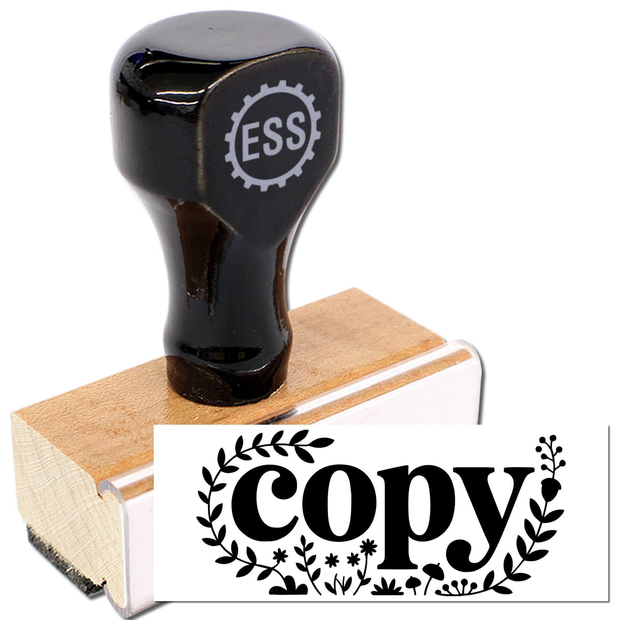 Black custom rubber stamp with wooden base and floral copy seal design, showing a white printed impression.
