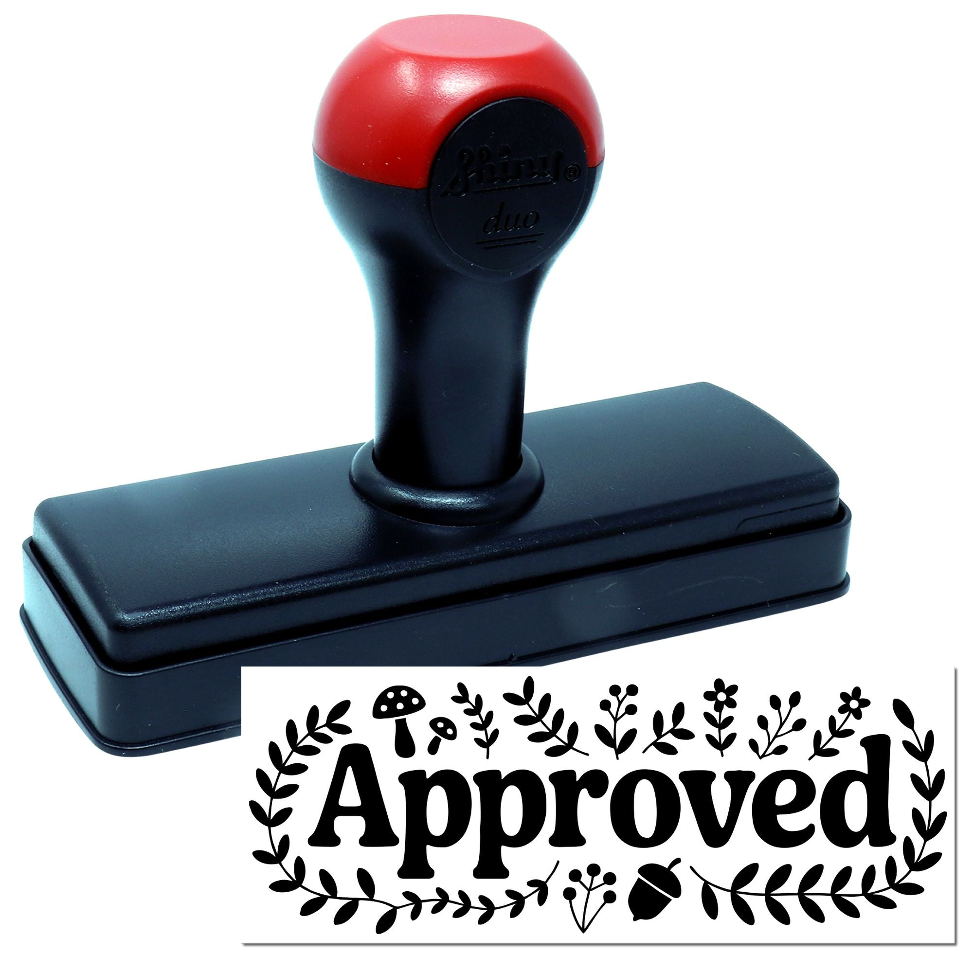 Red and black self-inking rubber stamp with decorative black Approved seal imprint.