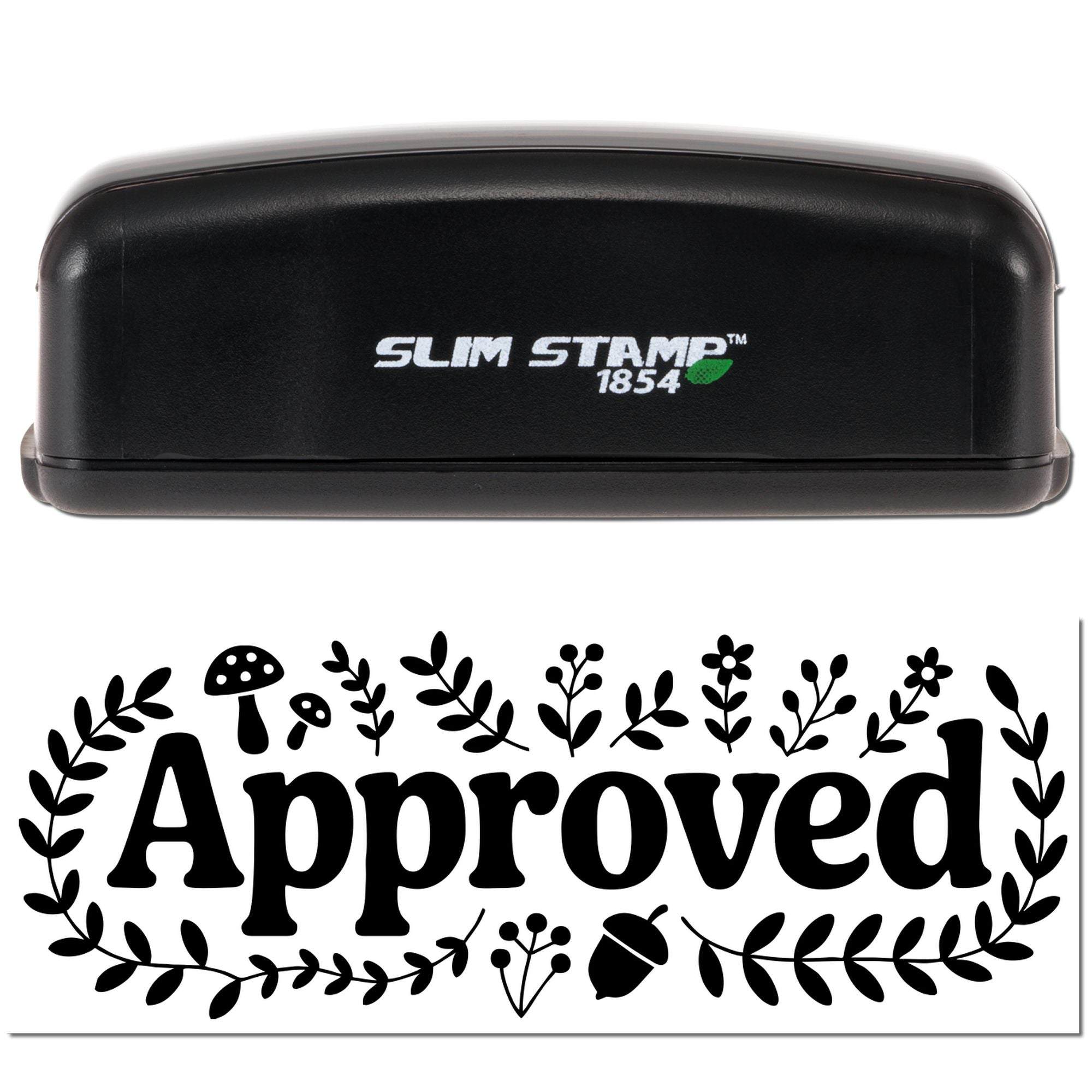 Black Slim Stamp 1854 case above a decorative black Approved seal with leaves, flowers, mushrooms, and acorn accents.