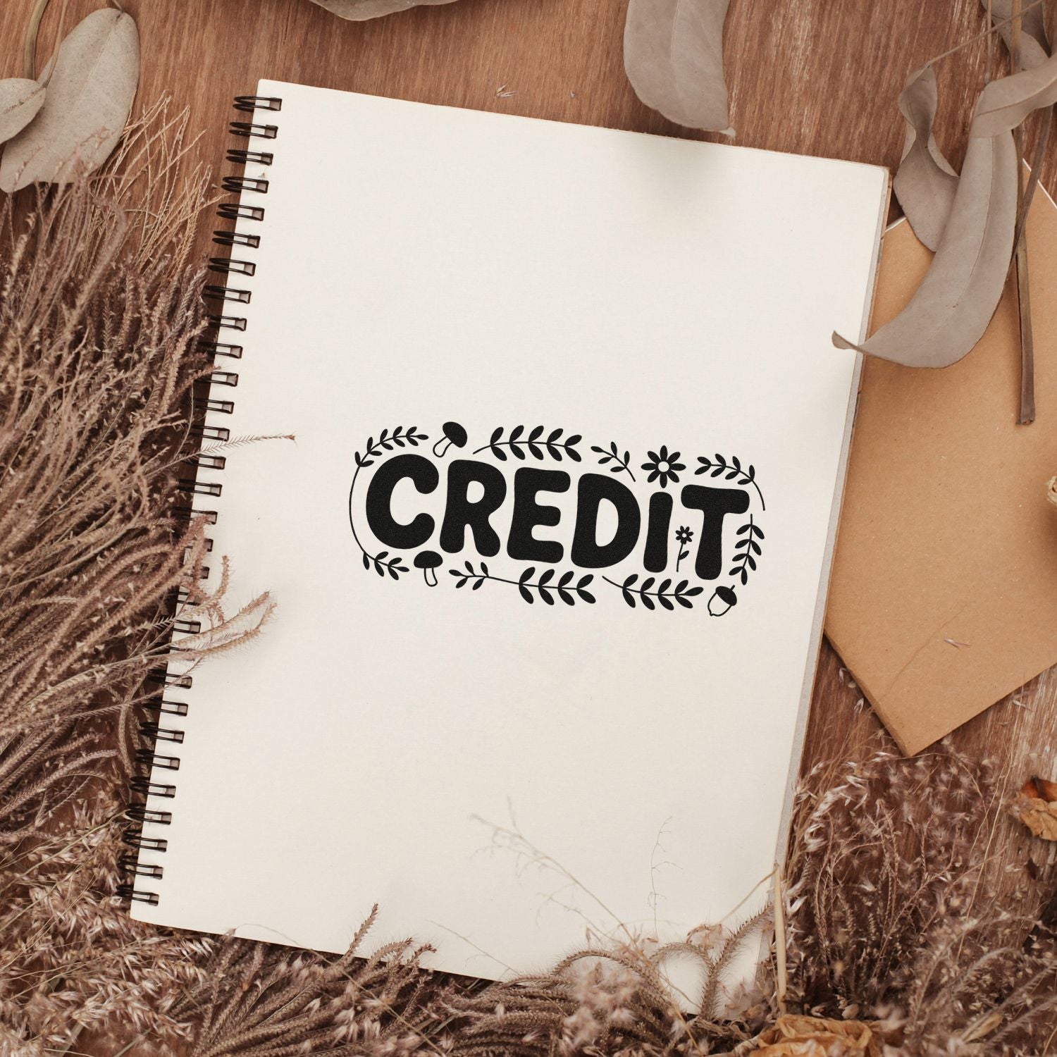 White spiral notebook featuring a black floral CREDIT stamp seal, styled on a warm brown dried foliage backdrop.