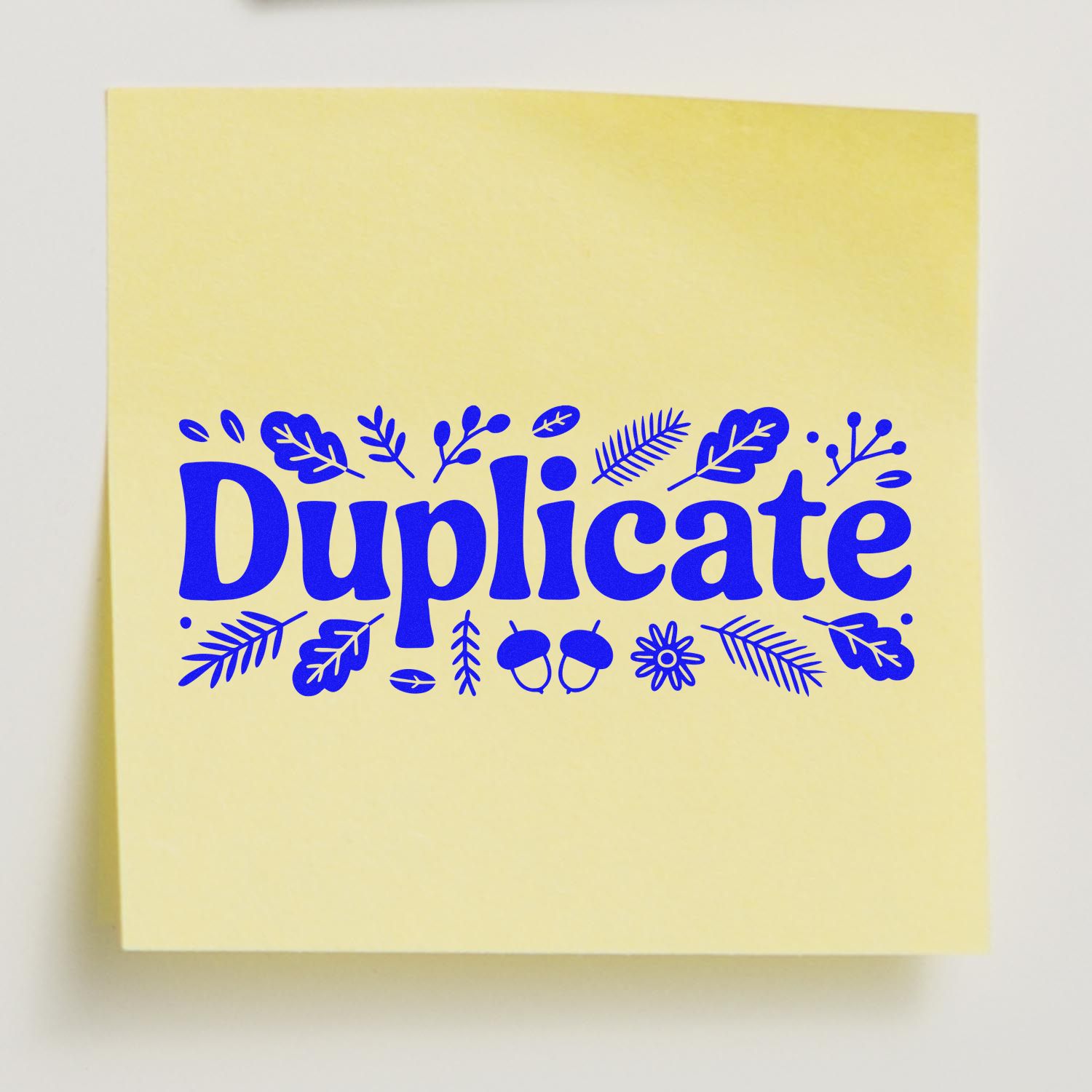 Pale yellow stamp seal with bold blue Duplicate lettering and botanical leaf accents.