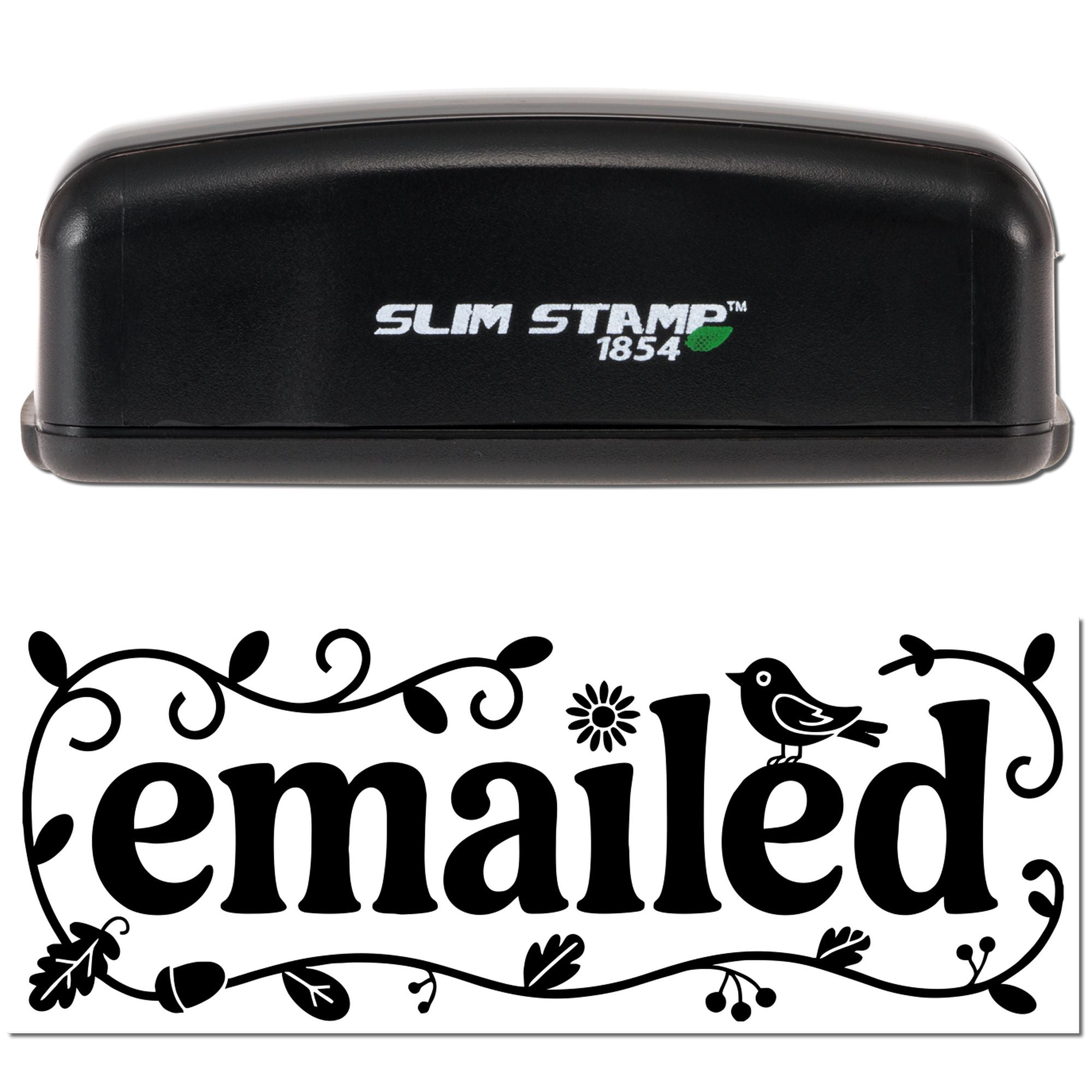Black Slim Stamp 1854 stamp with a decorative black emailed seal, featuring bird, leaves, and floral accents on white.