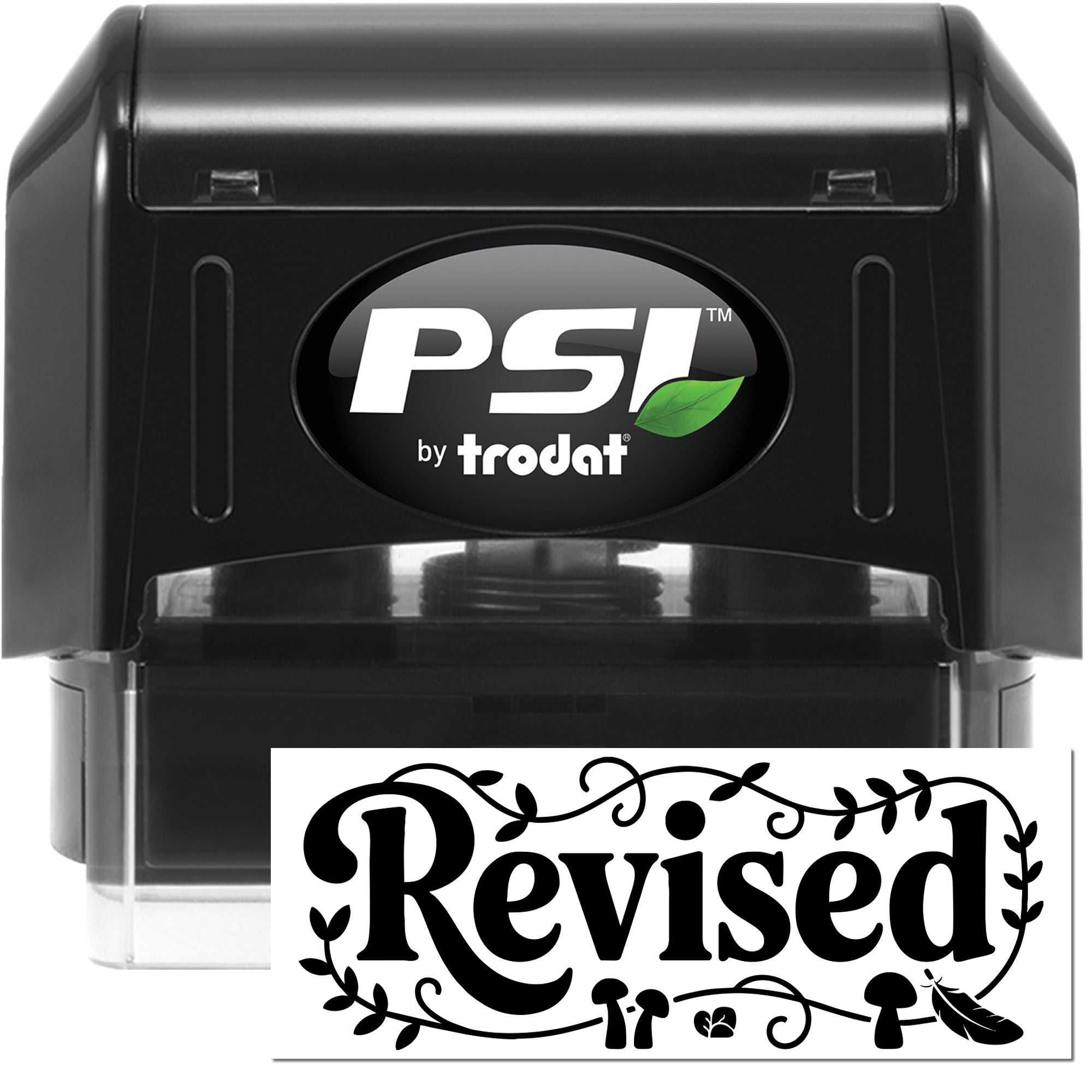 Black PSI by Trodat self-inking stamp and seal with green leaf logo and bold Revised imprint