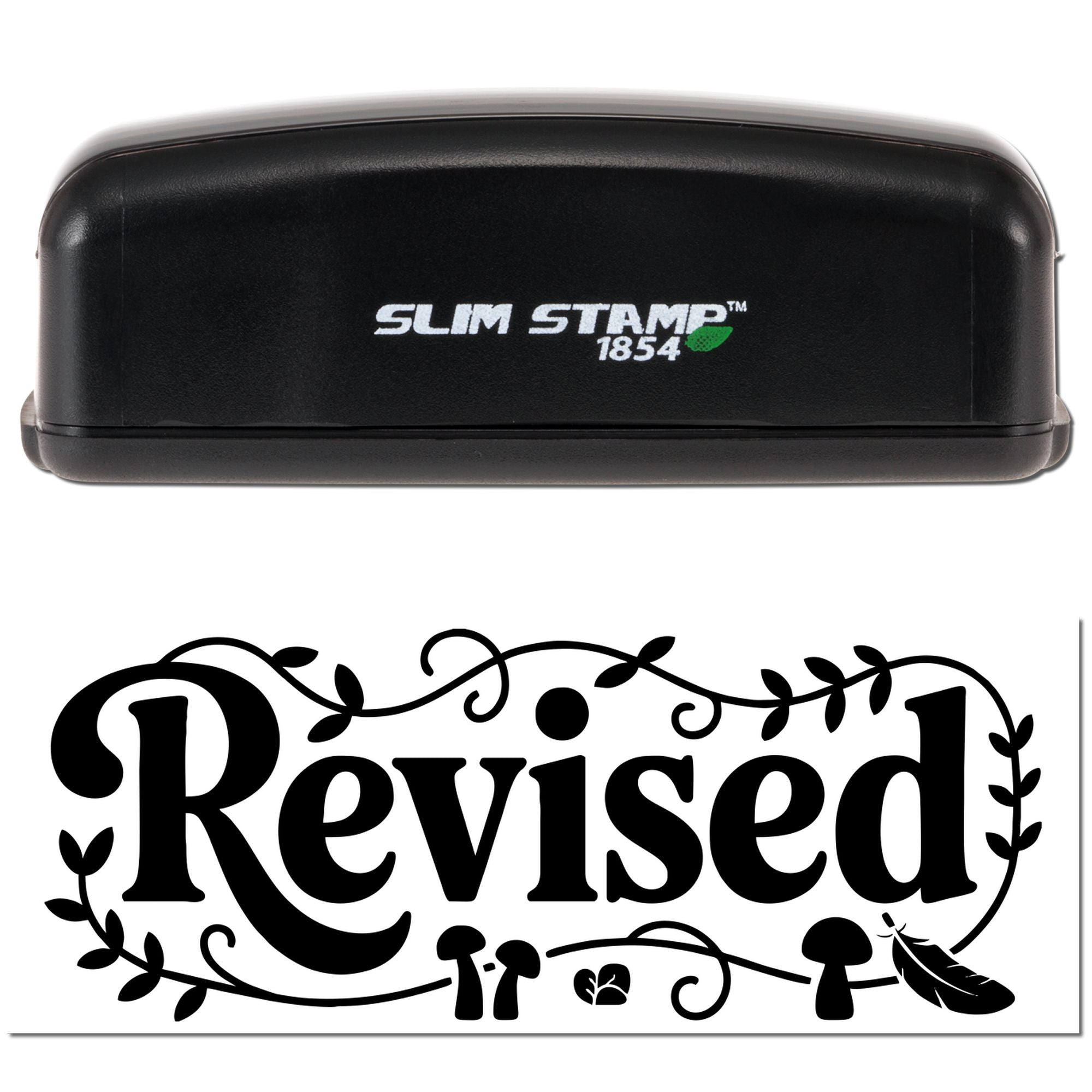 Black Slim Stamp 1854 self-inking stamp with green leaf logo and decorative black Revised seal imprint.