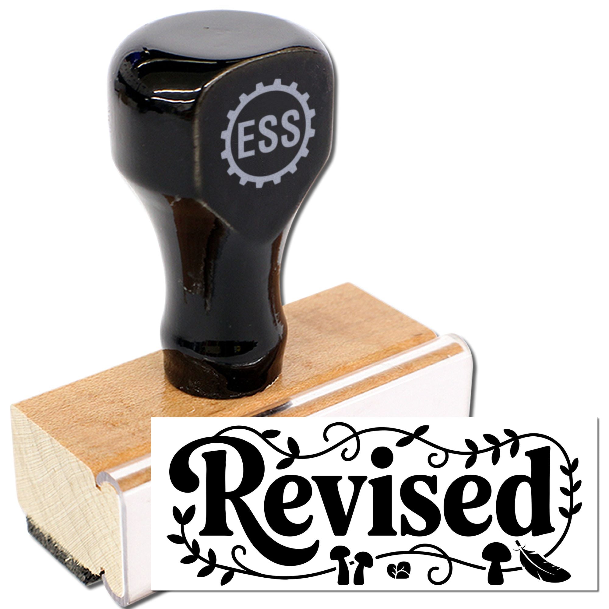 Black rubber stamp and wooden seal block with Revised imprint and ESS logo on a white background