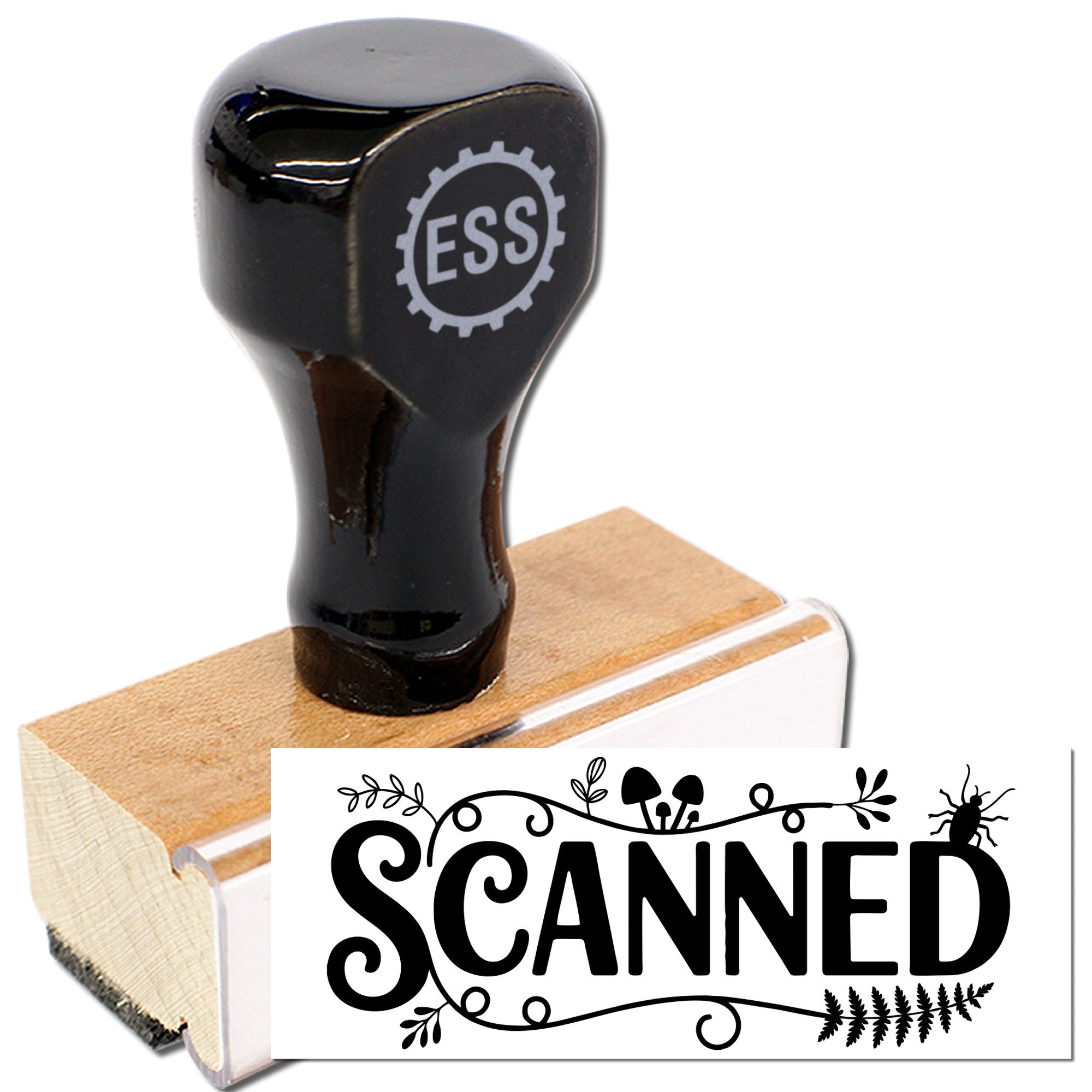 Black rubber stamp and wooden seal block showing bold SCANNED seal design on white background.