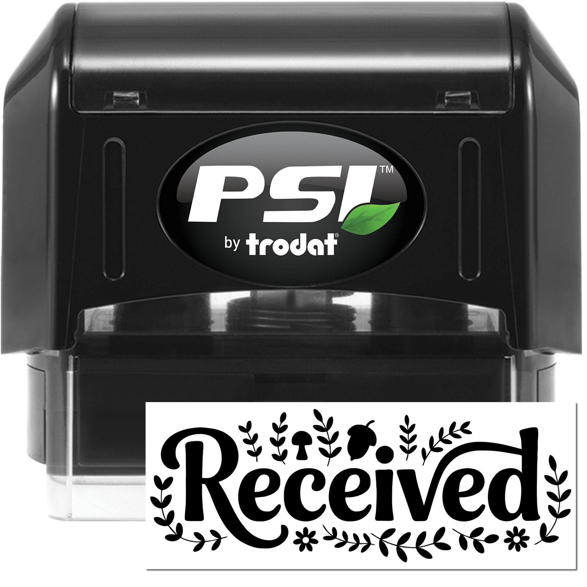 Black PSI by Trodat self-inking stamp with green leaf logo and Received seal impression.