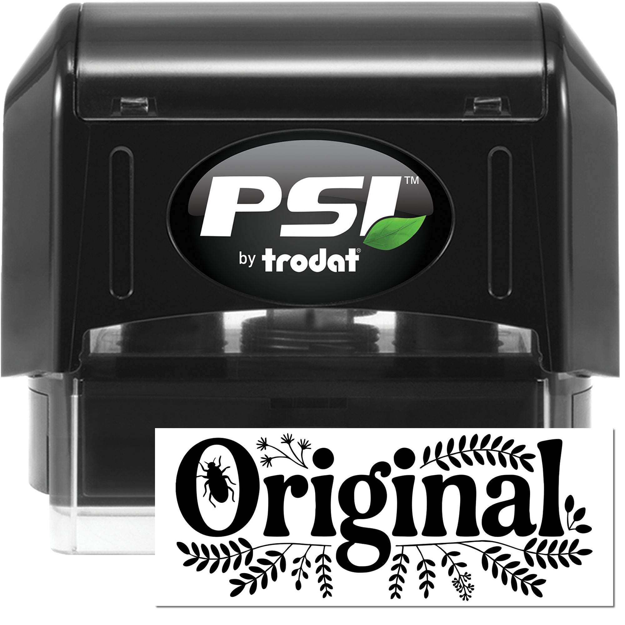 Black PSI by Trodat self-inking stamp and seal with white Original impression and green leaf logo.
