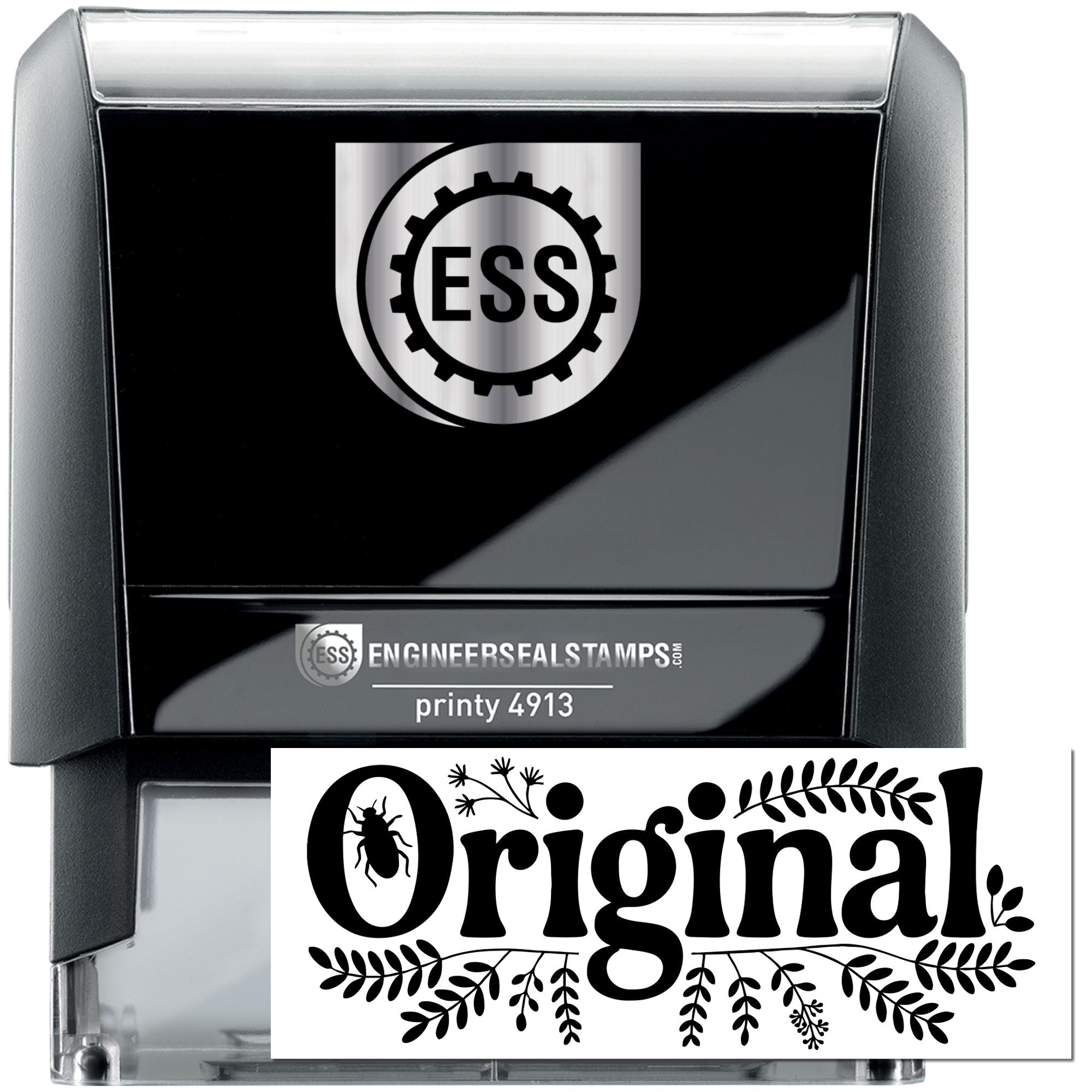 Black and silver self-inking stamp and seal with ESS logo, featuring a gear-style round seal and floral Original imprint.