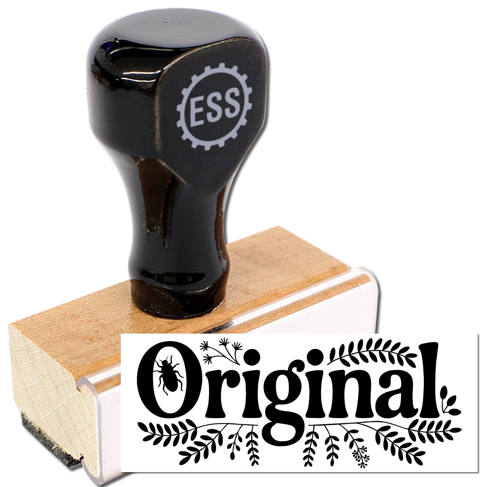 Black ESS stamp and seal on wooden block with Original floral design in black and white