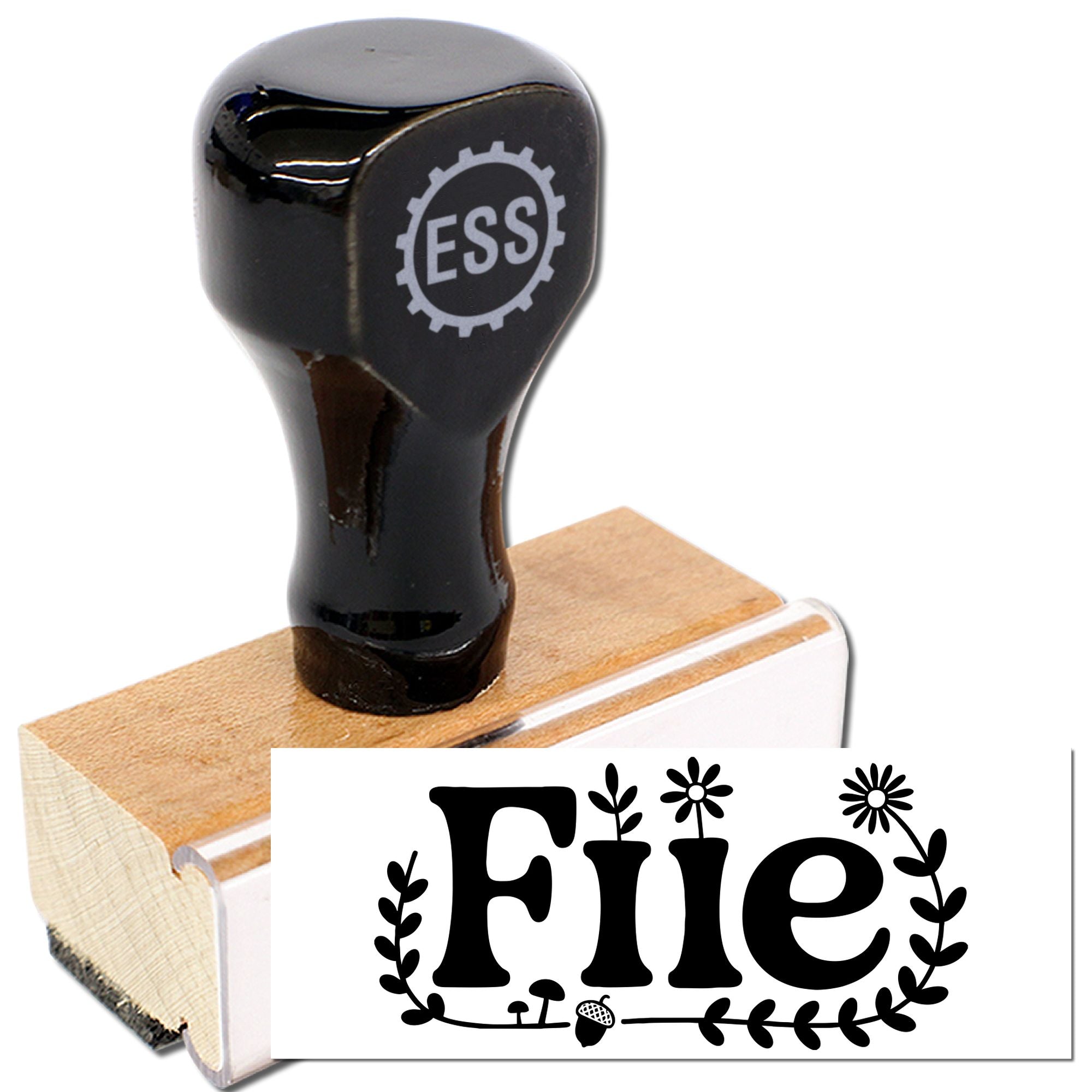 Black ESS rubber stamp and seal on a wooden block with a white floral imprint sample.
