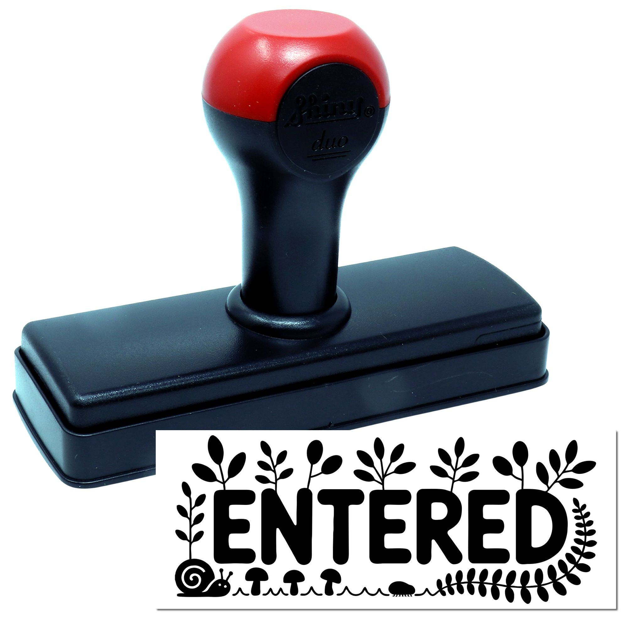 Red-and-black self-inking stamp and seal with ENTERED design, black base, and leaf border.