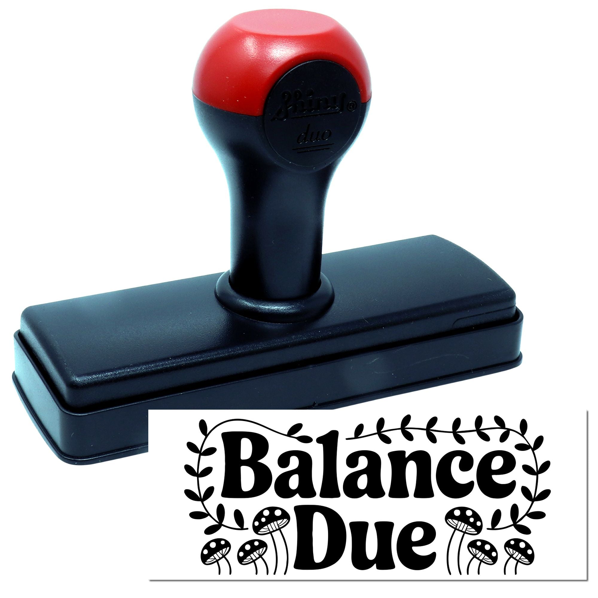 Red and black self-inking stamp with Balance Due seal and decorative mushroom design