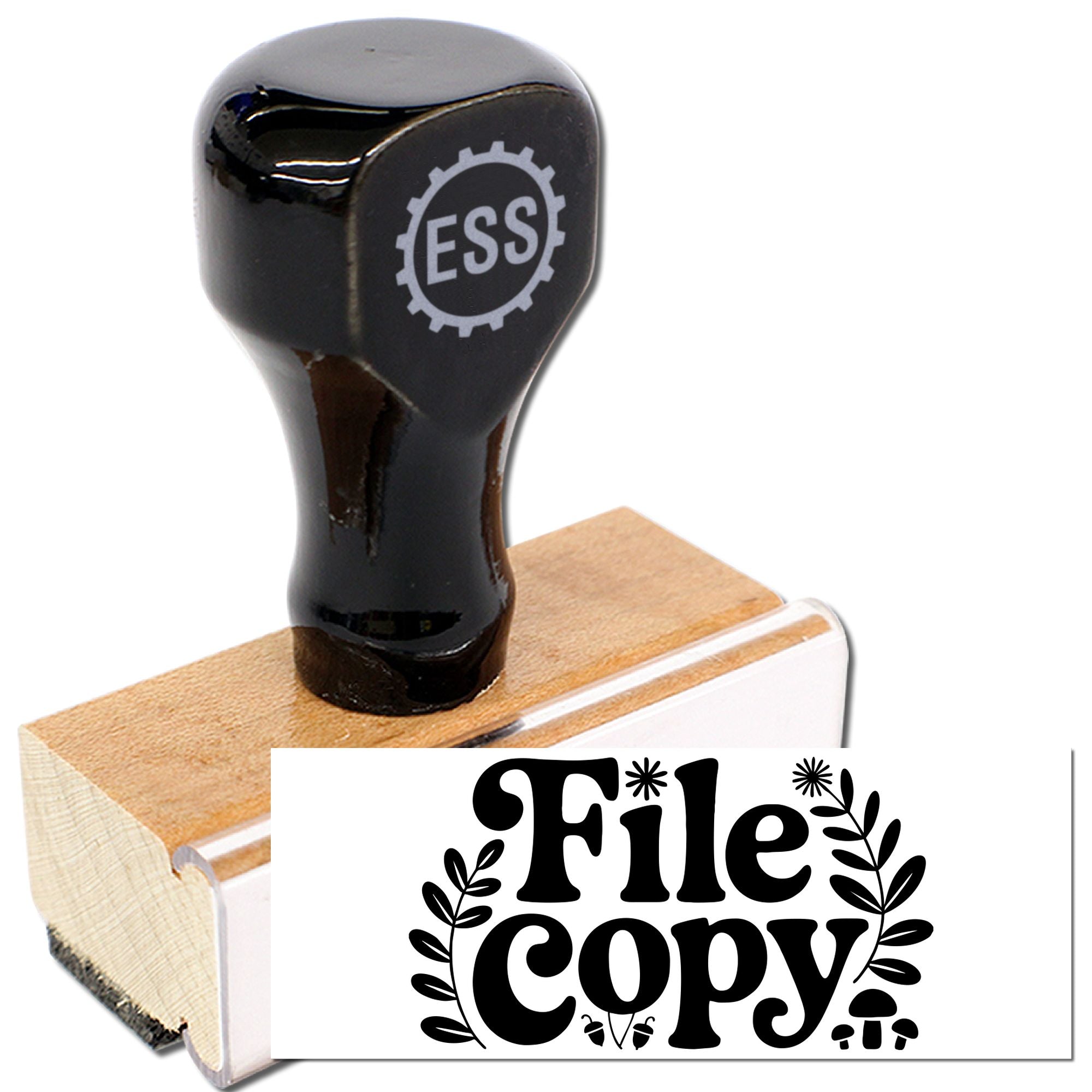 Black custom stamp and wooden seal block with ESS logo and bold File Copy design on white.