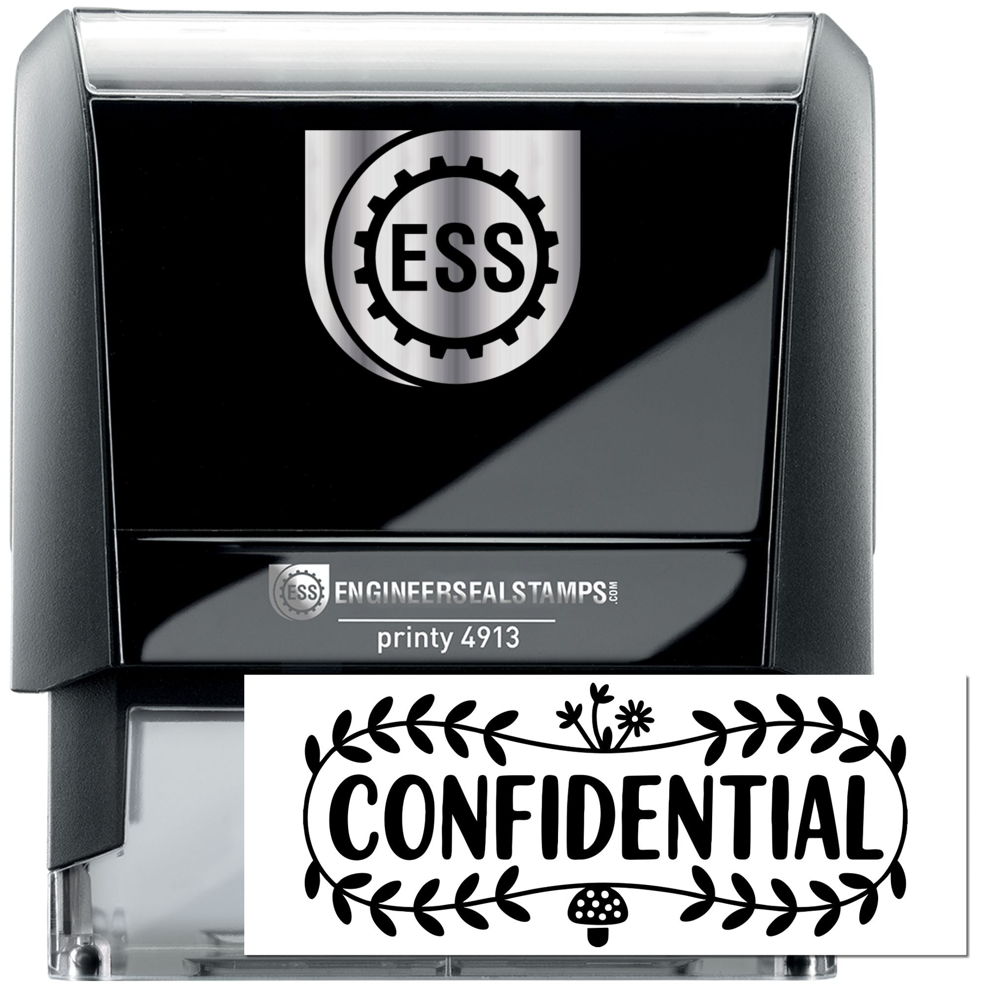 Black self-inking engineer seal stamp with ESS logo and white CONFIDENTIAL seal imprint.