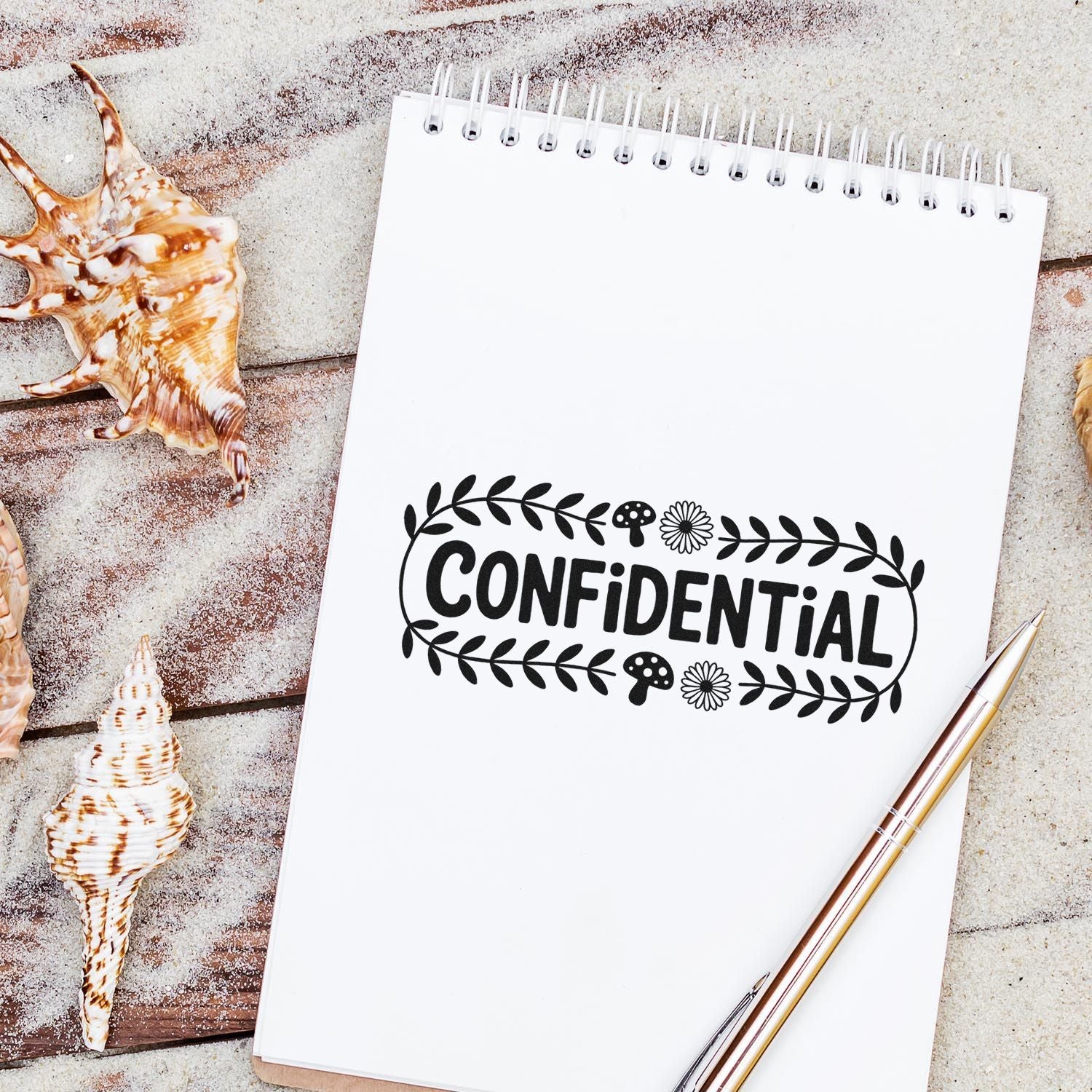 Black CONFIDENTIAL stamp seal on white spiral notebook, framed by leaves, with seashells and a gold pen.