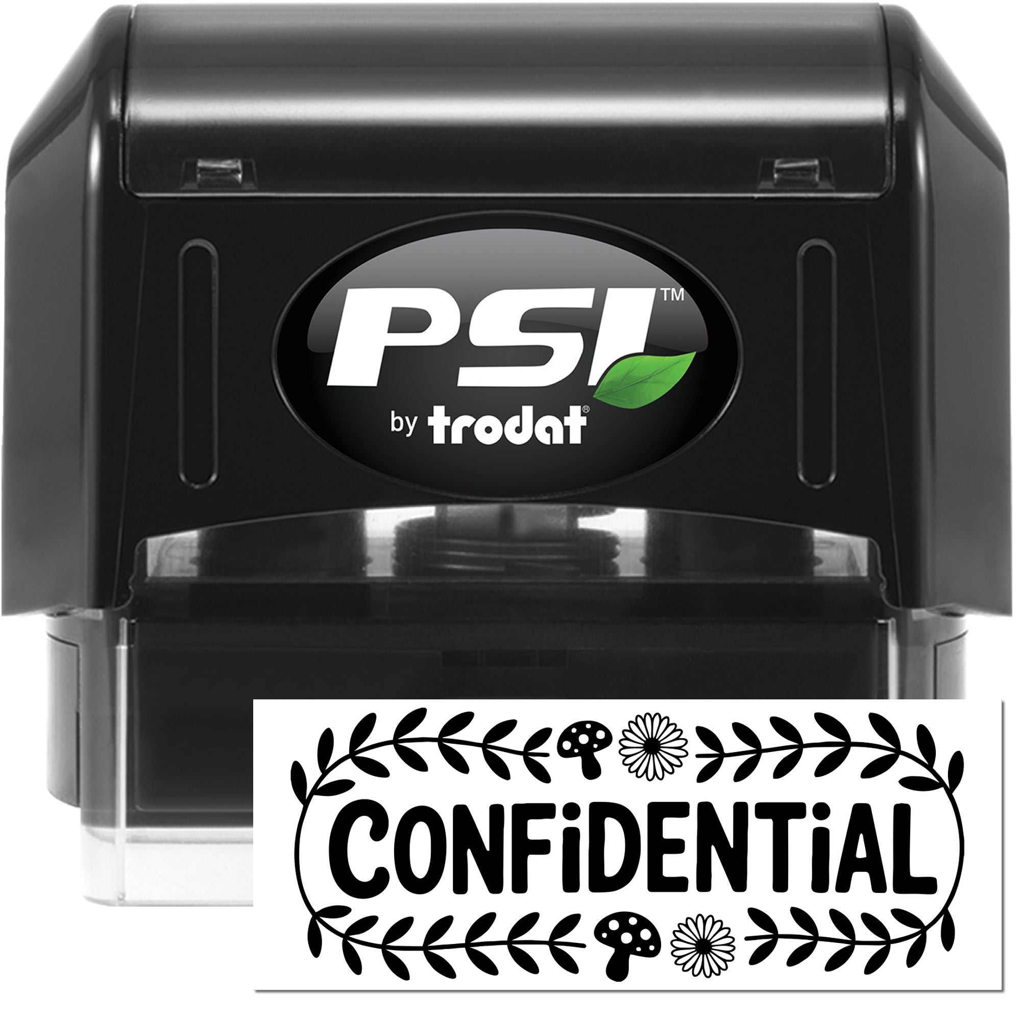 Black PSI by Trodat self-inking stamp and confidential seal with leaf border design.