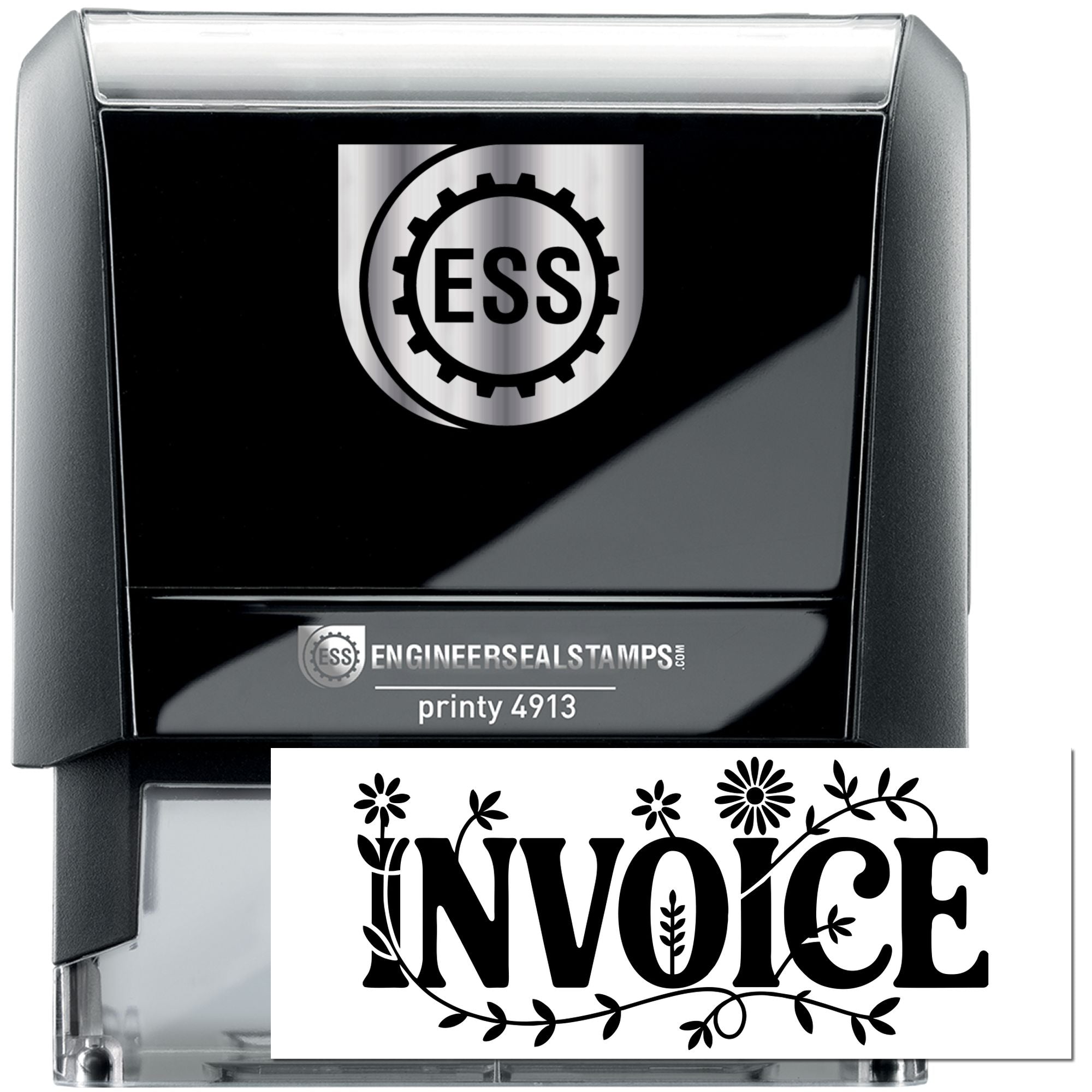 Black self-inking engineer seal stamp, black and silver, with ESS logo and floral invoice design.