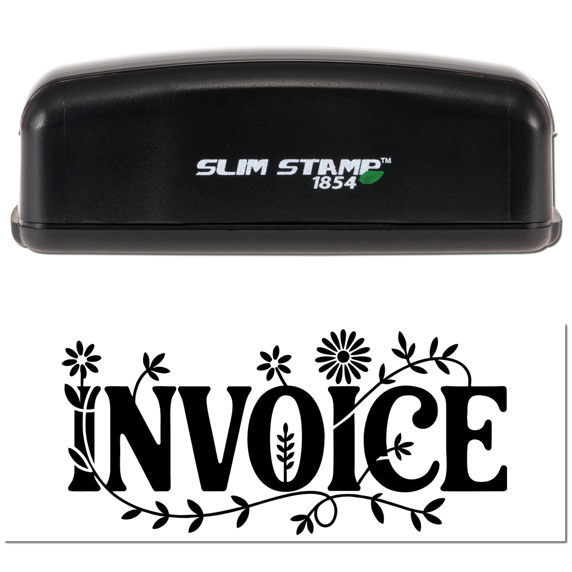 Black Slim Stamp 1854 custom stamp with floral Invoice seal on white background.