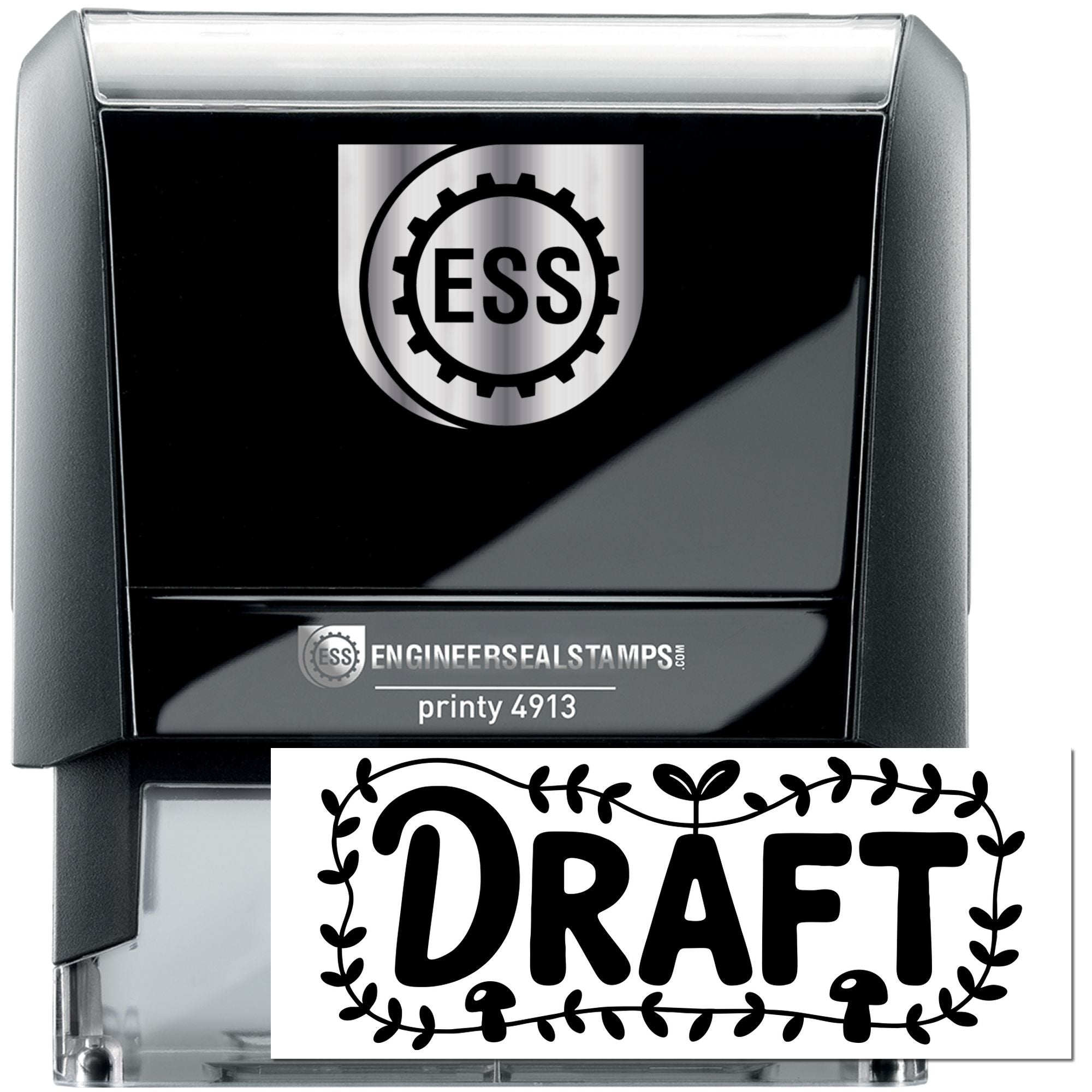 Black and silver ESS engineer seal stamp with gear logo and DRAFT marking on a clear stamp holder.