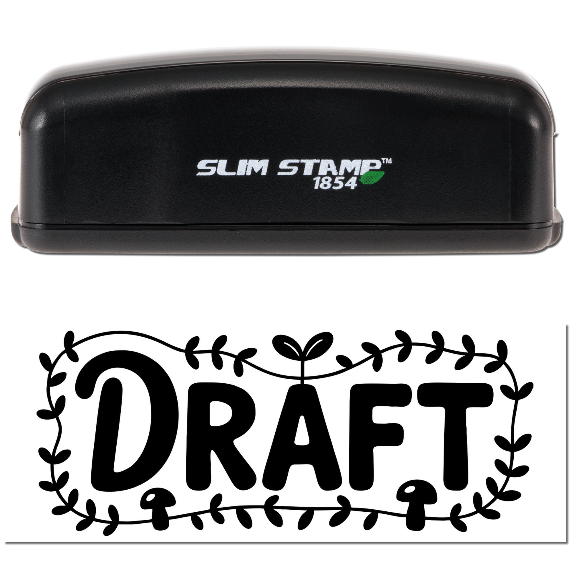 Black Slim Stamp 1854 stamp and DRAFT seal with leafy border on white background
