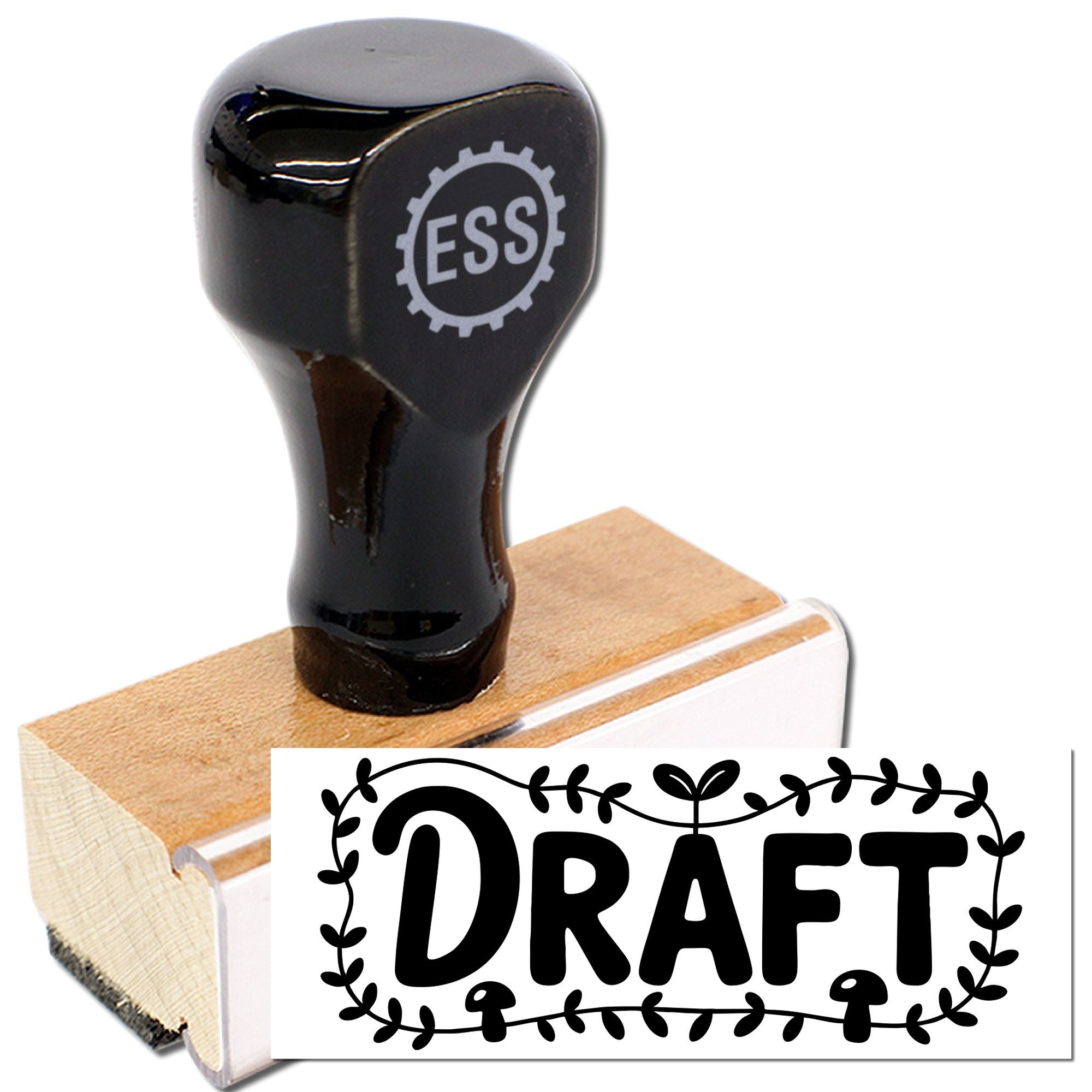 Black rubber stamp and wooden seal block showing DRAFT imprint and ESS logo on white background.