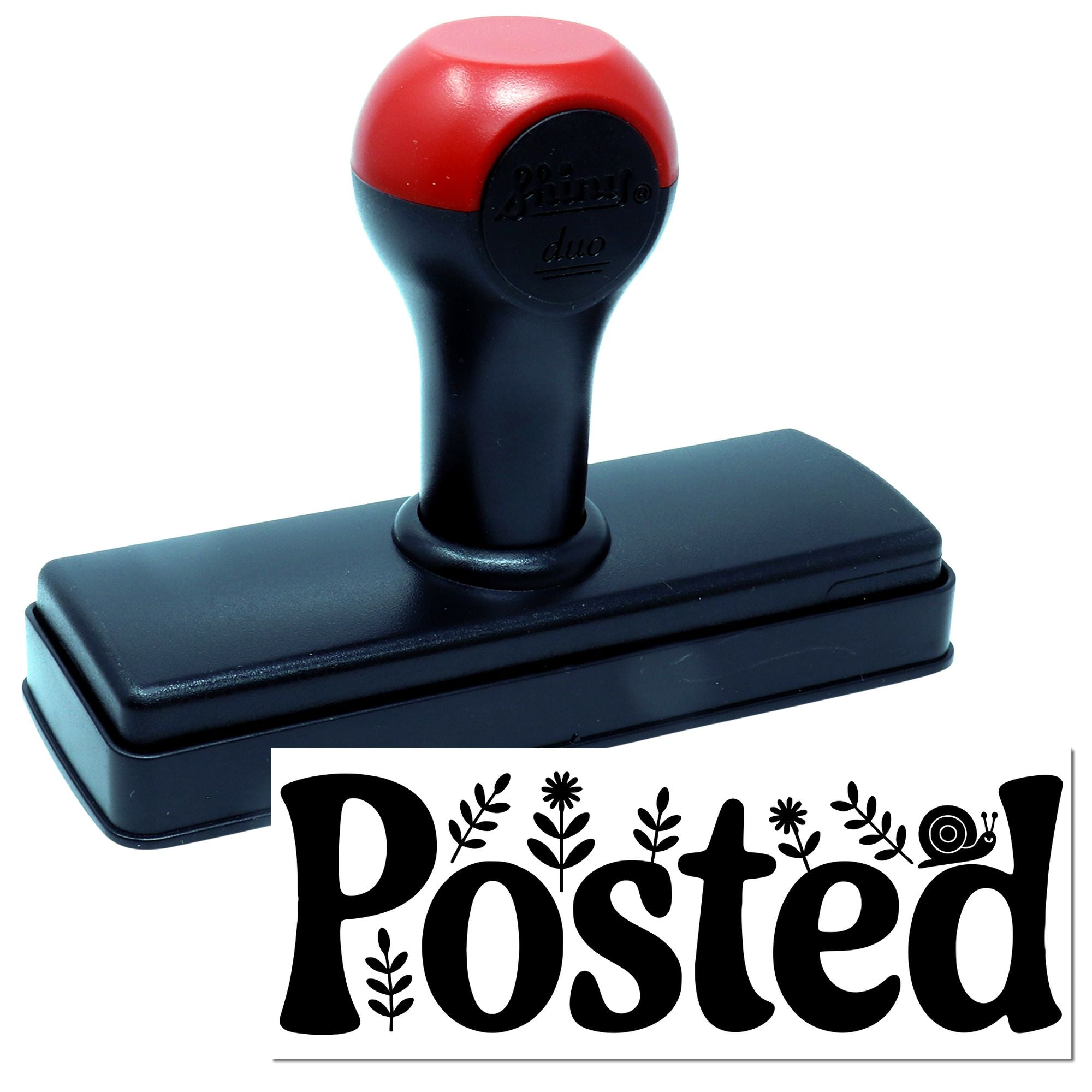 Red and black self-inking stamp with custom seal reading Posted and decorative floral snail design.