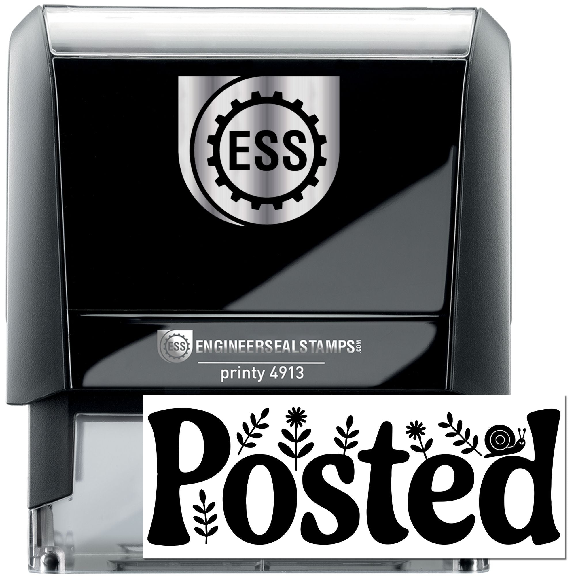 Black and silver self-inking stamp and seal with ESS logo, showing a bold Posted imprint design.