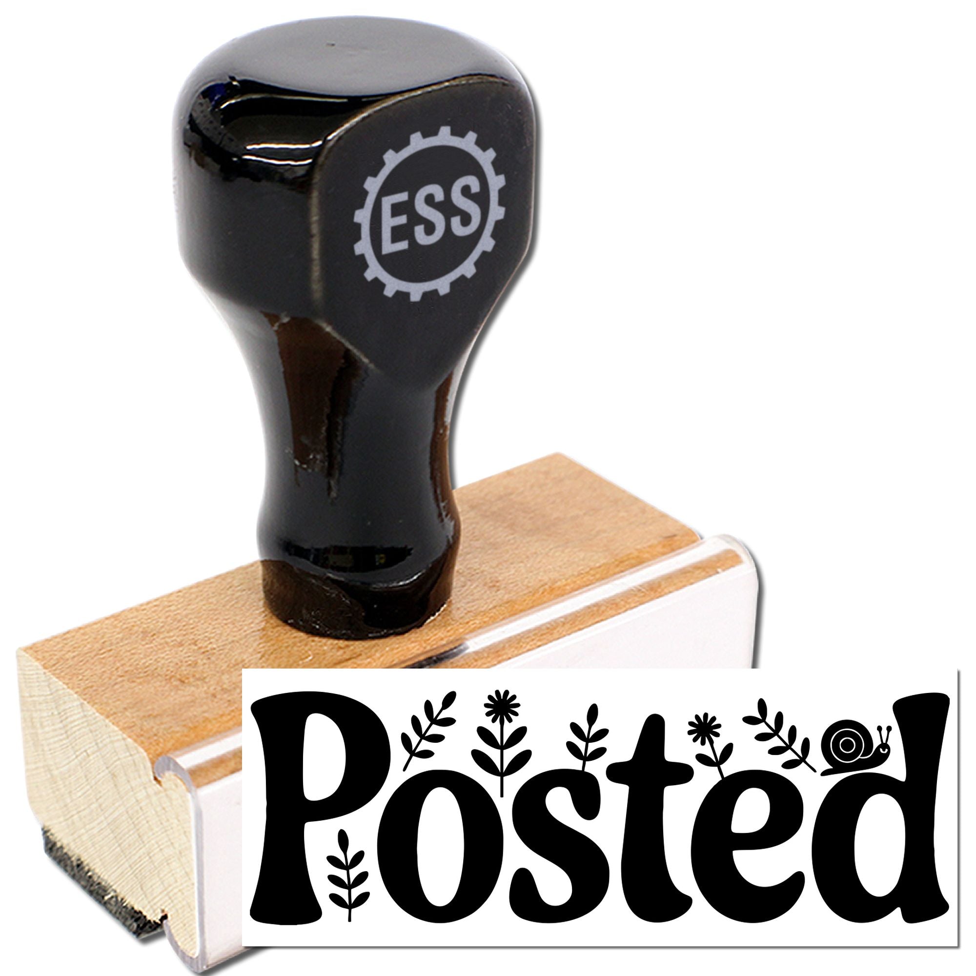 Black seal stamp with wooden base and bold white Posted design