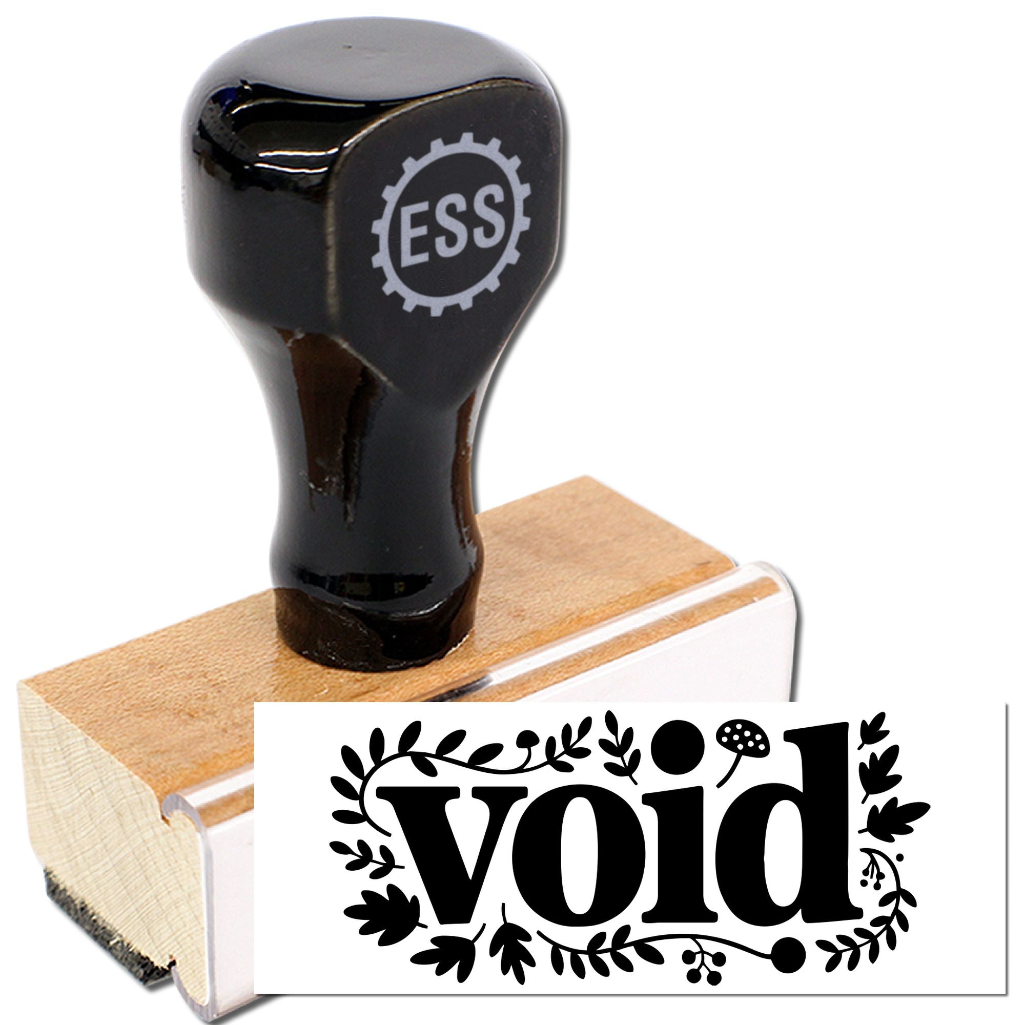 Black rubber stamp with wooden base, printing a decorative void seal in bold black on white.