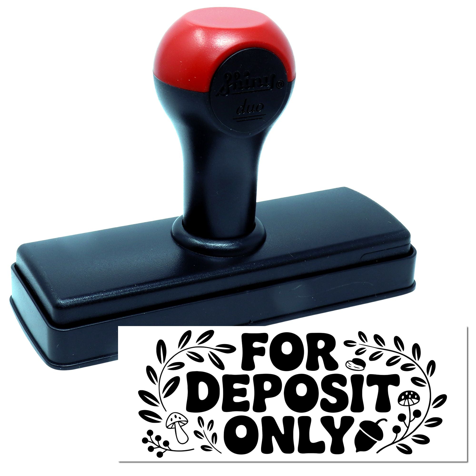 Red and black self-inking stamp and seal with FOR DEPOSIT ONLY imprint