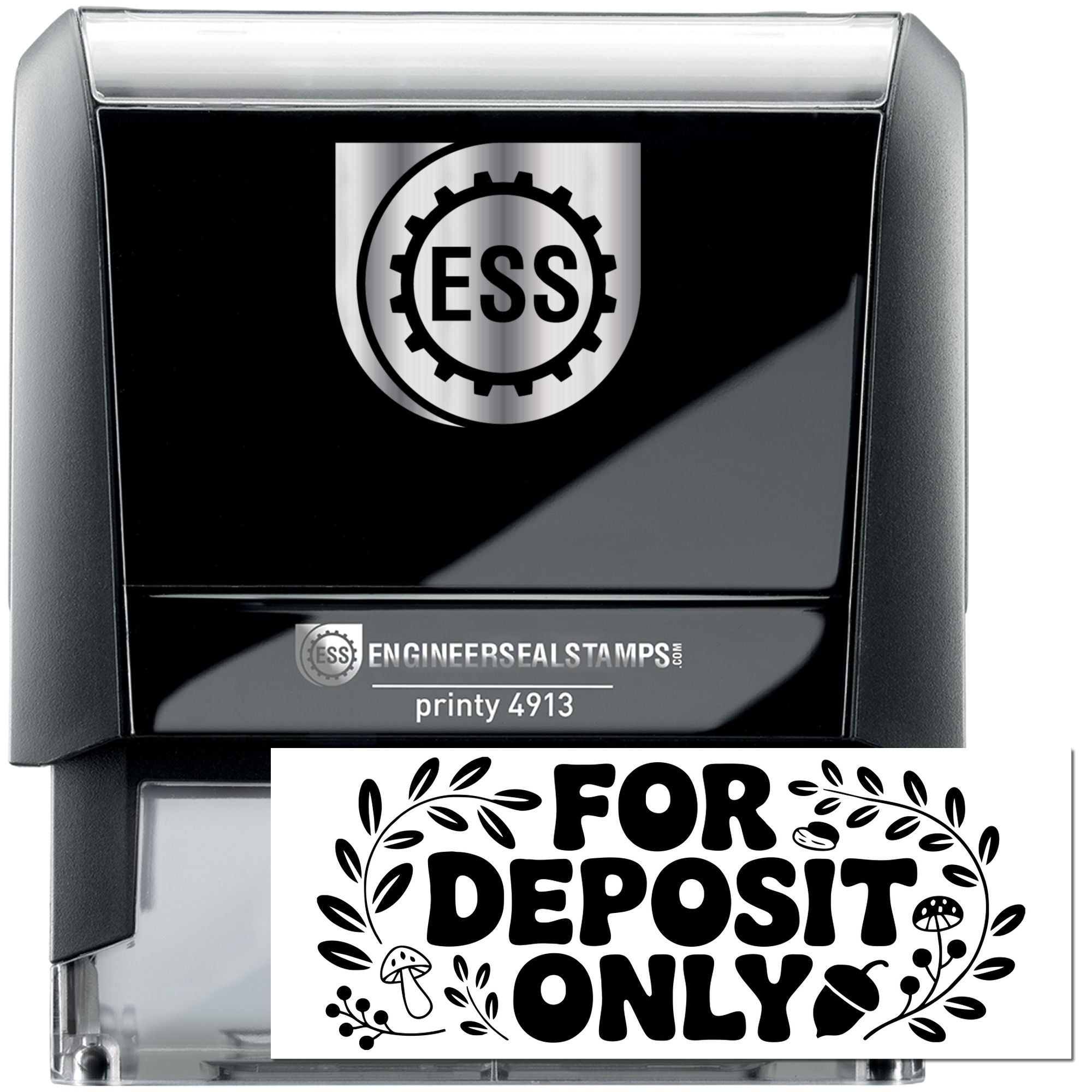 Black and silver self-inking stamp and seal with ESS logo, Printy 4913, and For Deposit Only imprint