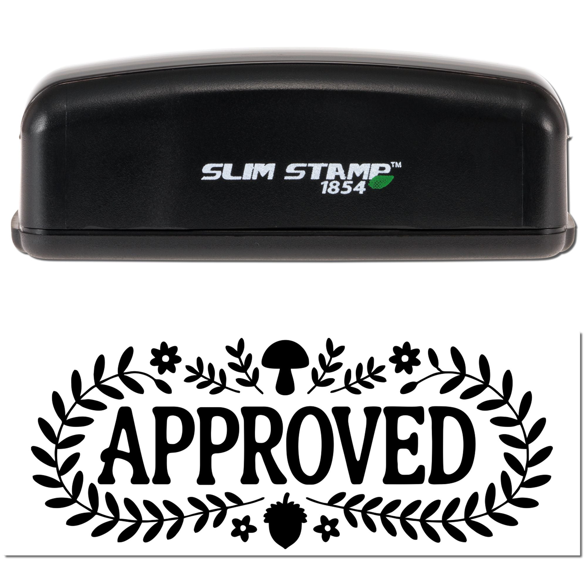 Black Slim Stamp 1854 self-inking stamp with green accent and bold black APPROVED seal framed by floral wreath.