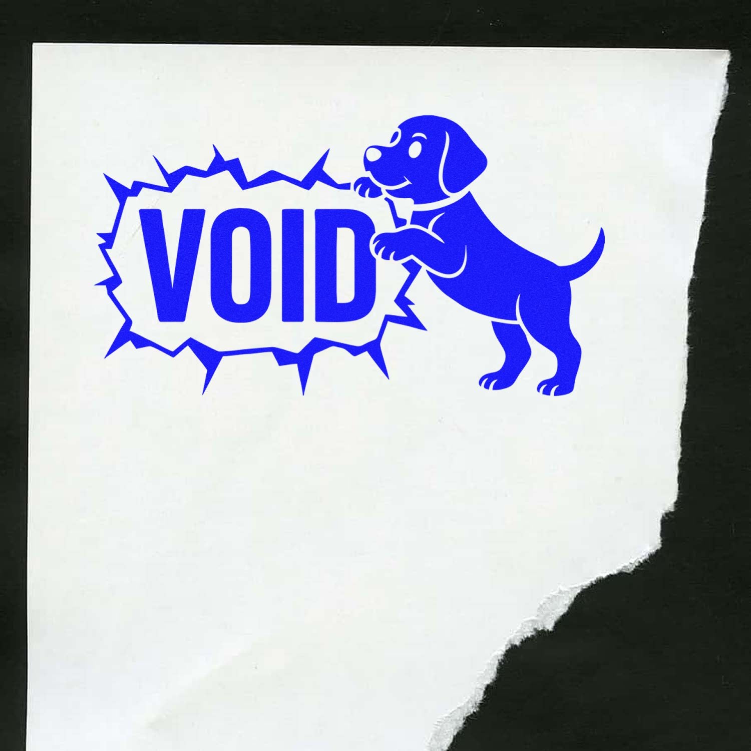 Blue VOID tamper-evident stamp seal with a dog graphic on white backing