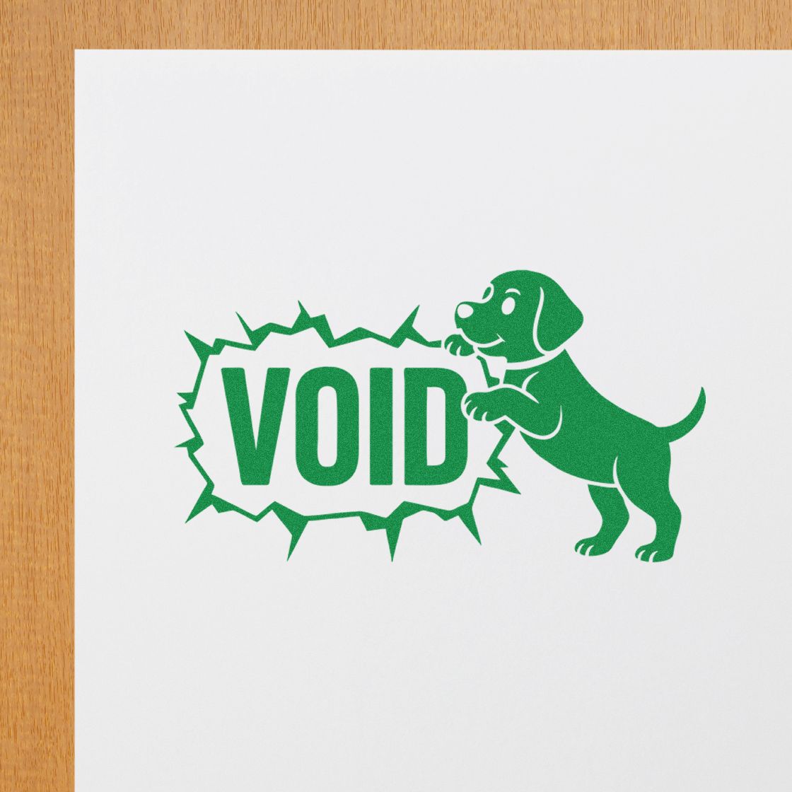 Green VOID stamp and seal with playful dog mascot on white paper, framed by a jagged burst outline.